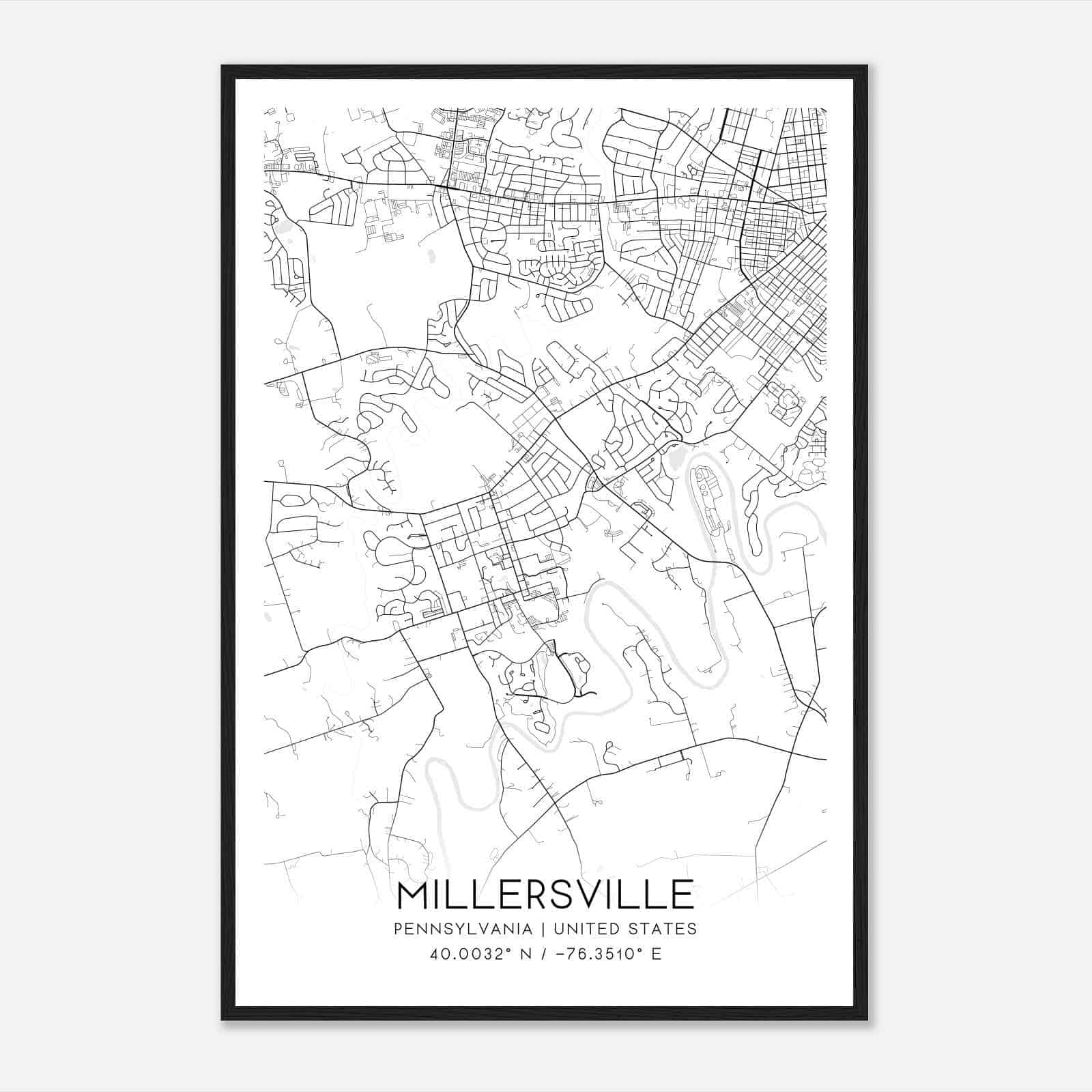 Millersville Pennsylvania Map Poster, Modern Home Decor Wall Art Print