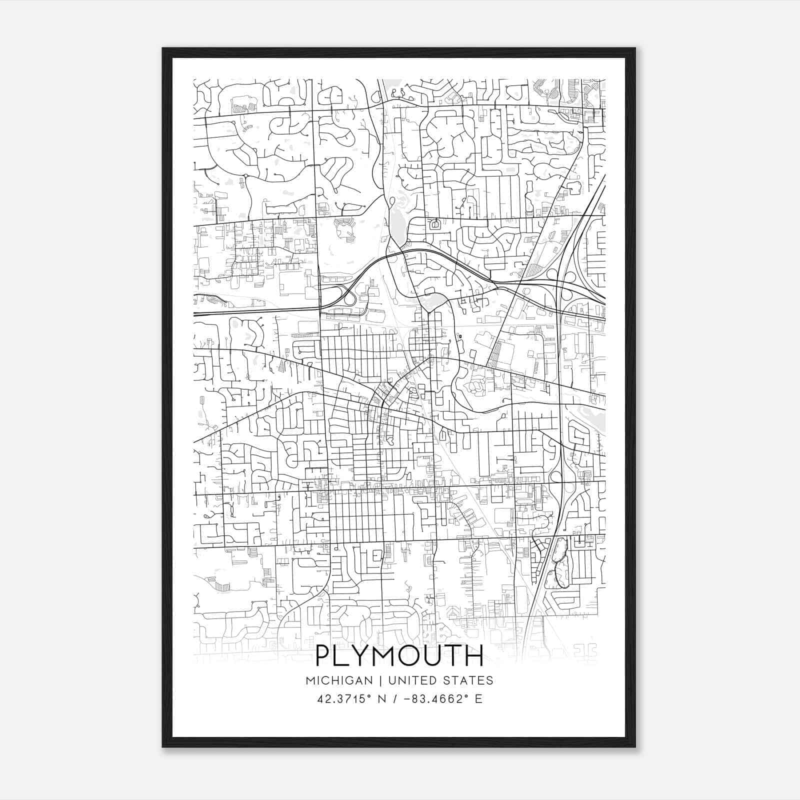 Plymouth Michigan Map Poster, Modern Home Decor Wall Art Print