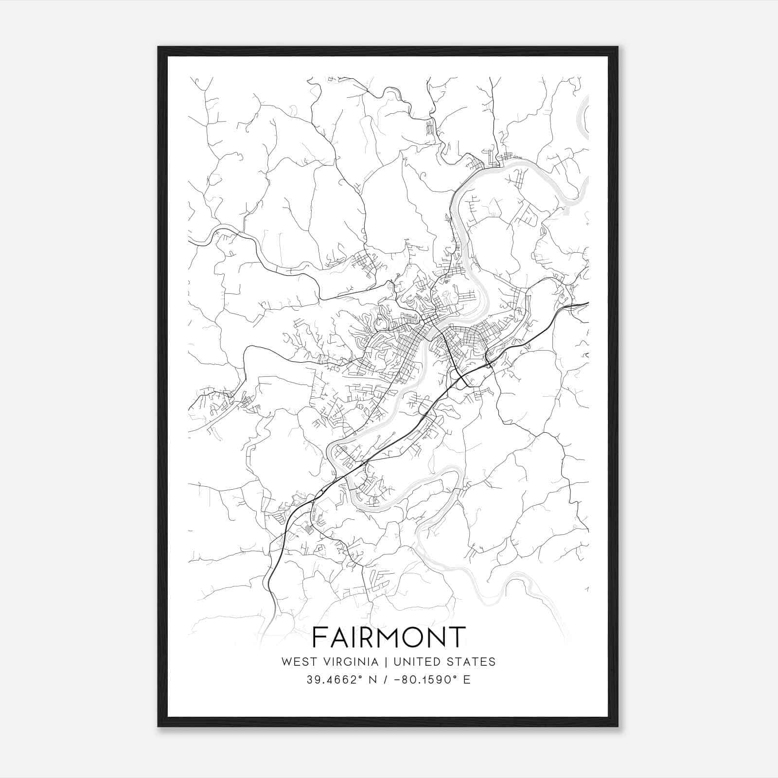 Fairmont West Virginia Map Poster, Modern Home Decor Wall Art Print