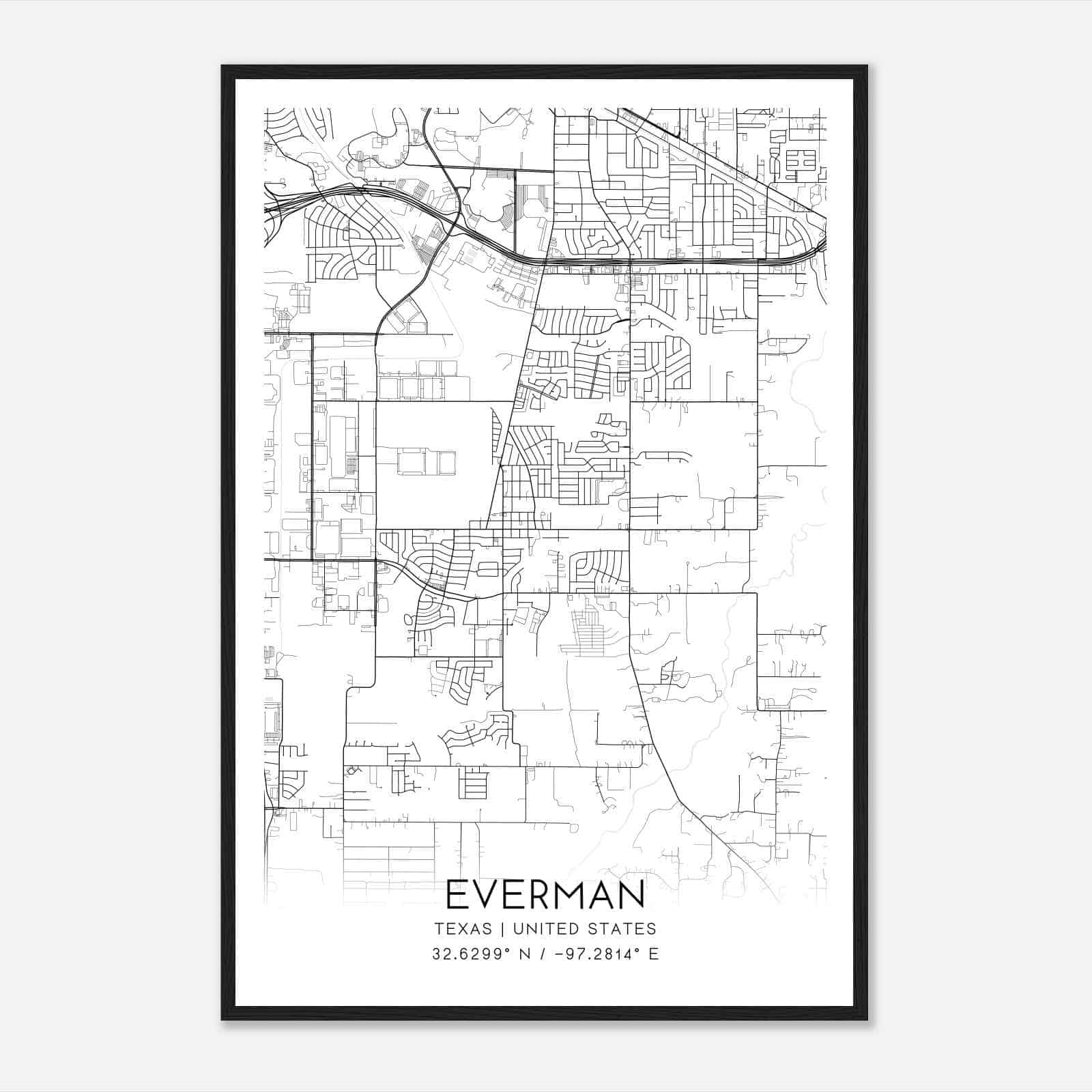 Everman Texas Map Poster, Modern Home Decor Wall Art Print