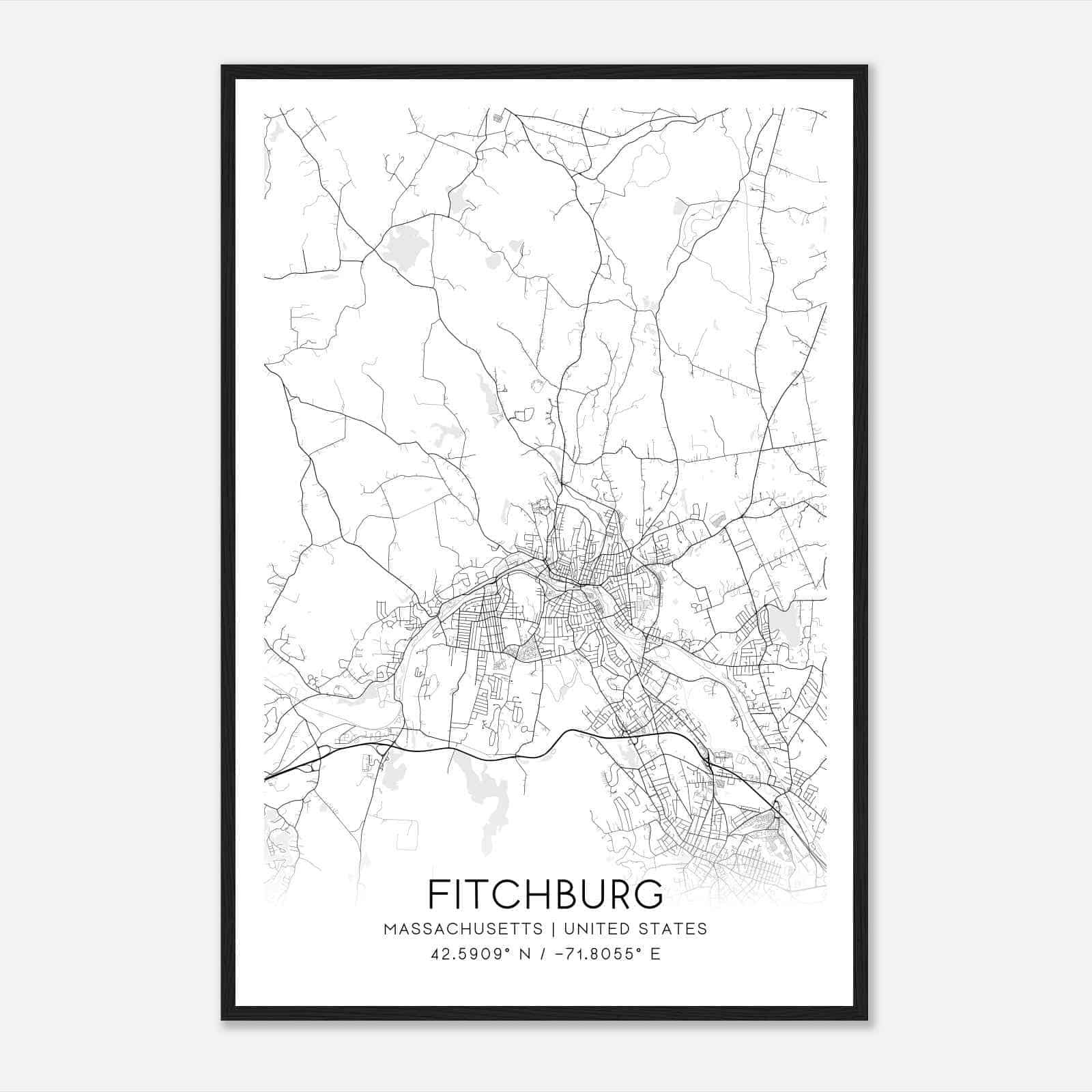 Fitchburg Massachusetts Map Poster, Modern Home Decor Wall Art Print