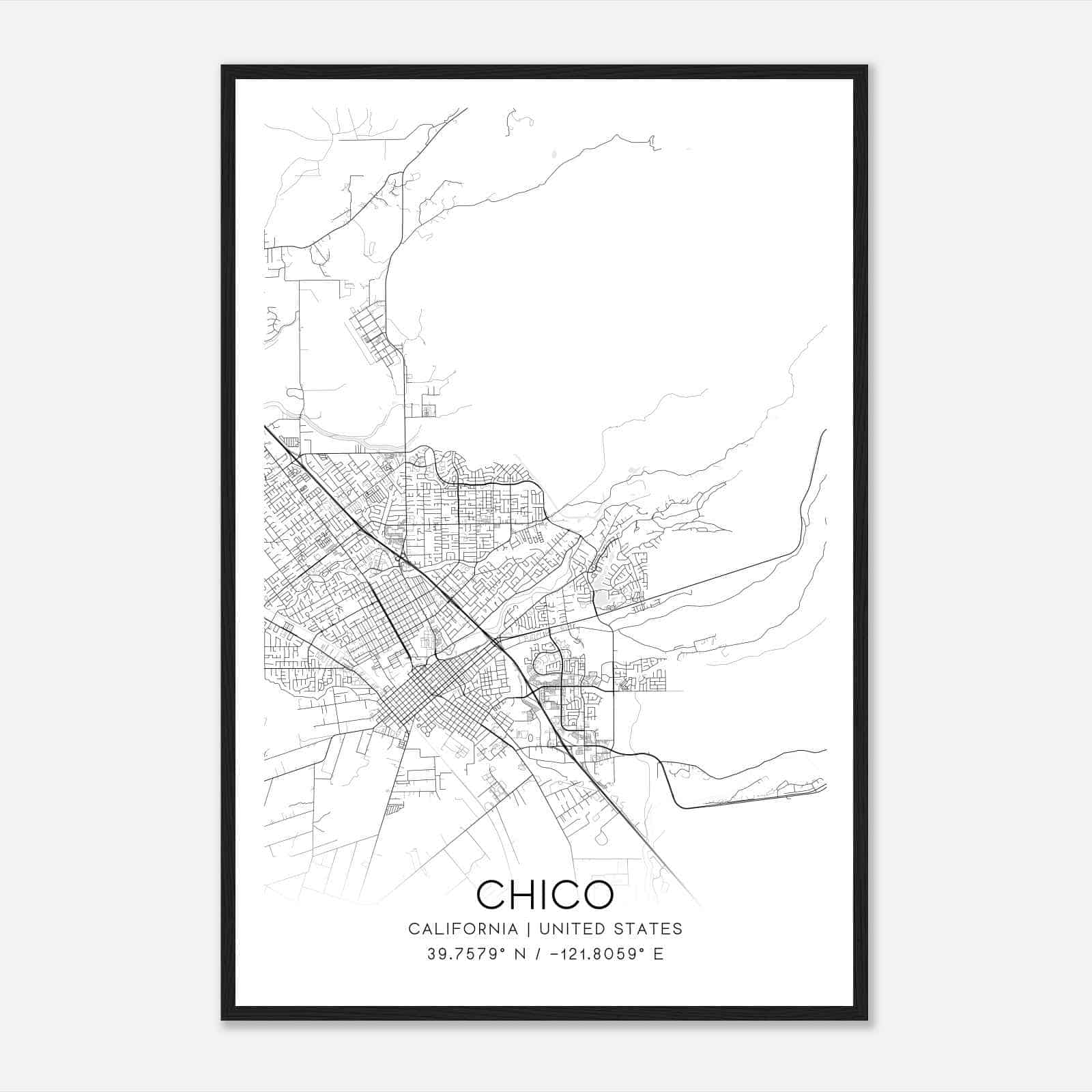 Chico California Map Poster, Modern Home Decor Wall Art Print