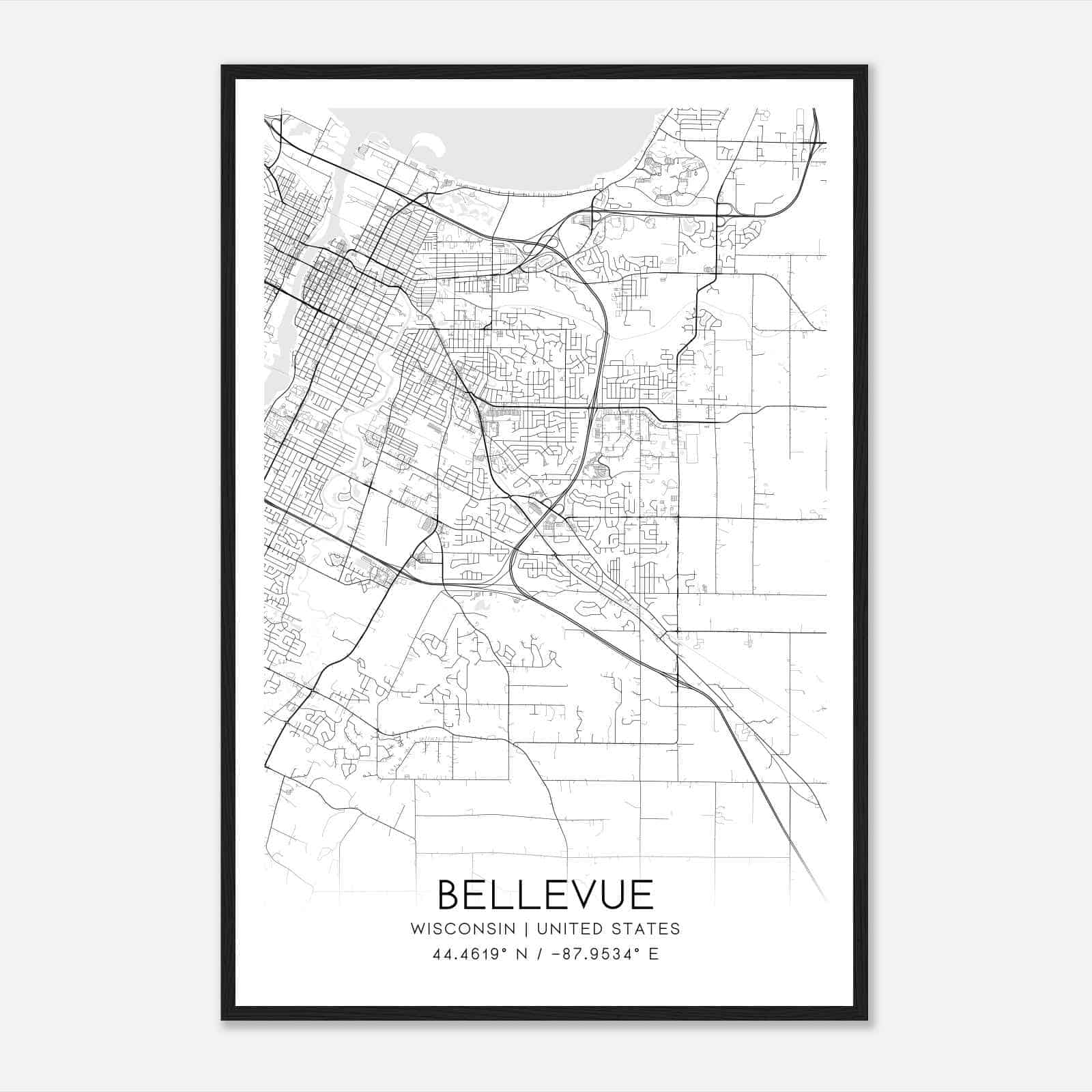 Bellevue Wisconsin Map Poster, Modern Home Decor Wall Art Print