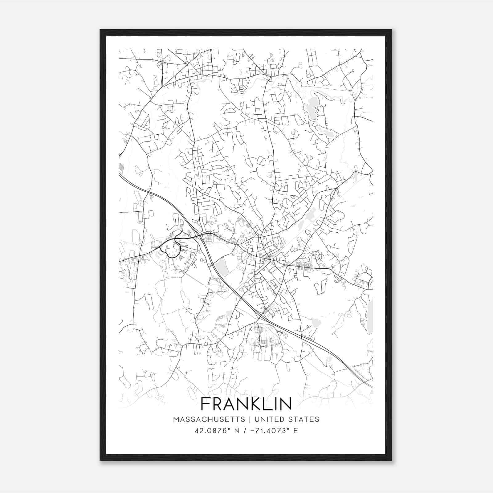 Franklin Massachusetts Map Poster, Modern Home Decor Wall Art Print