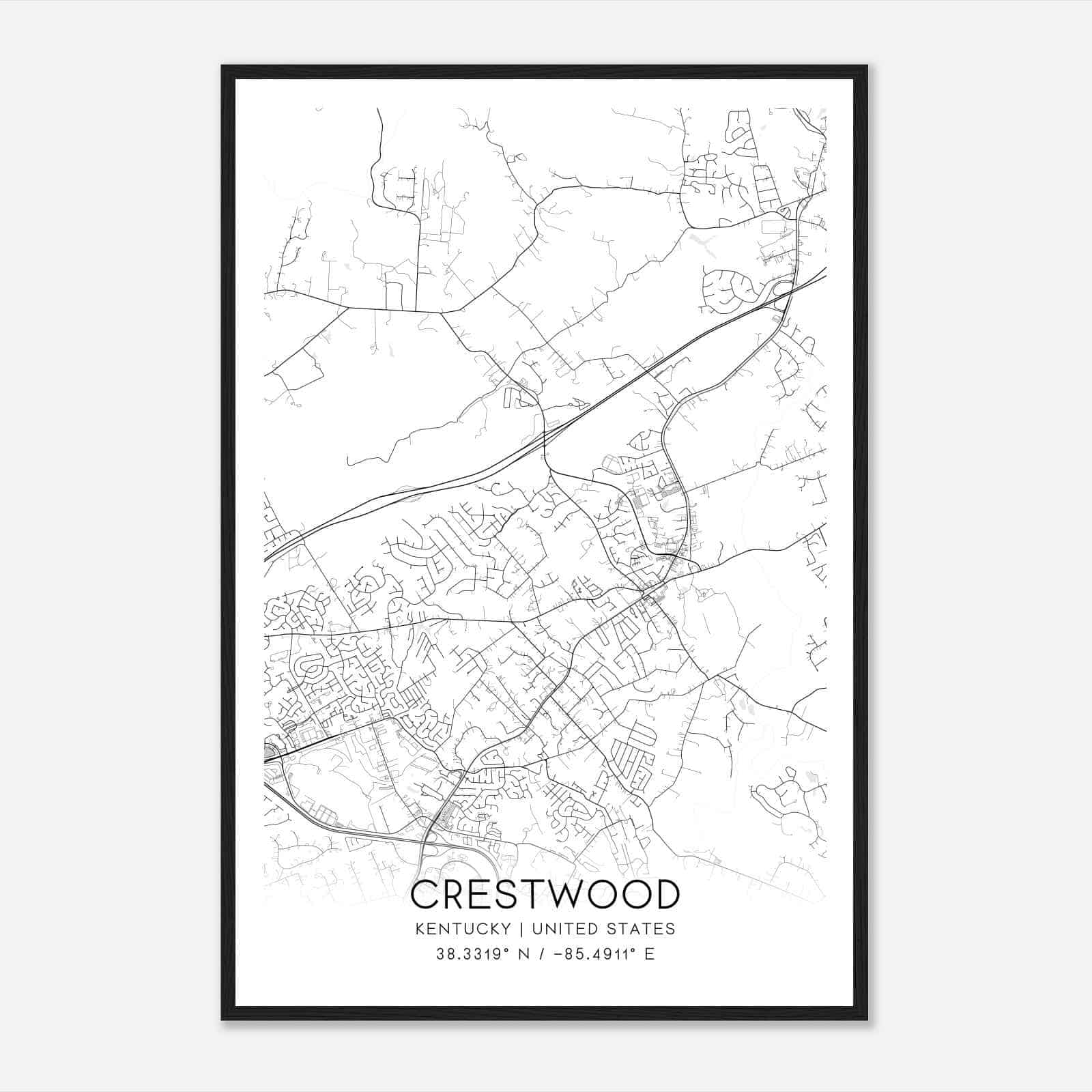 Crestwood Kentucky Map Poster, Modern Home Decor Wall Art Print