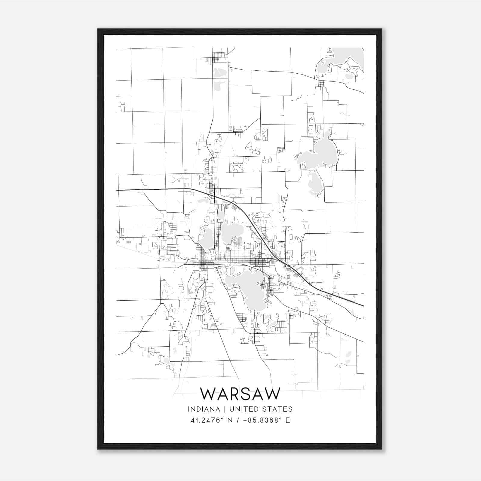 Warsaw Indiana Map Poster, Modern Home Decor Wall Art Print