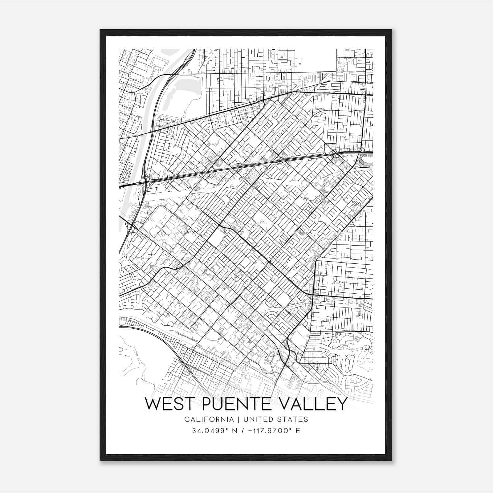 West Puente Valley California Map Poster, Modern Home Decor Wall Art Print