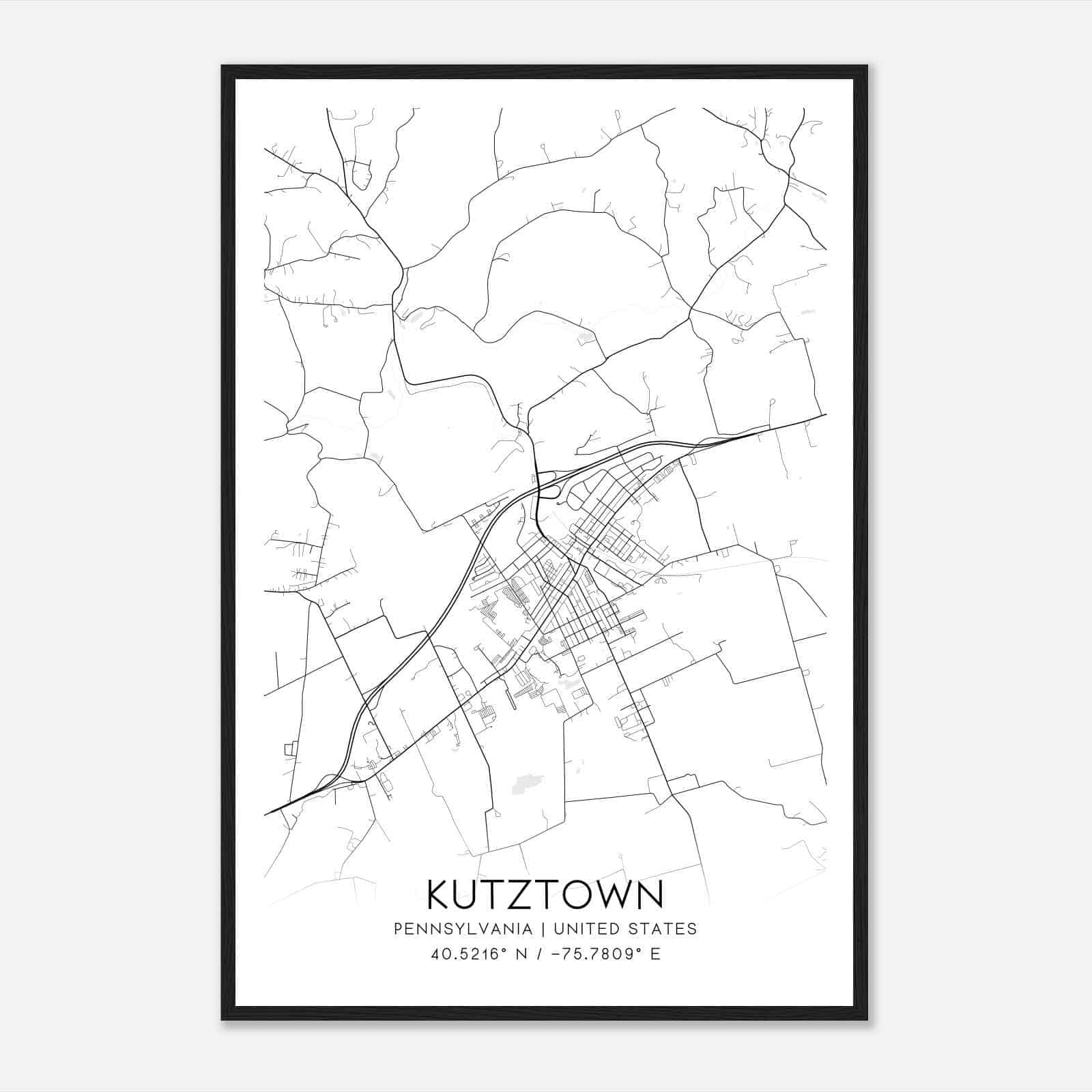 Kutztown Pennsylvania Map Poster, Modern Home Decor Wall Art Print