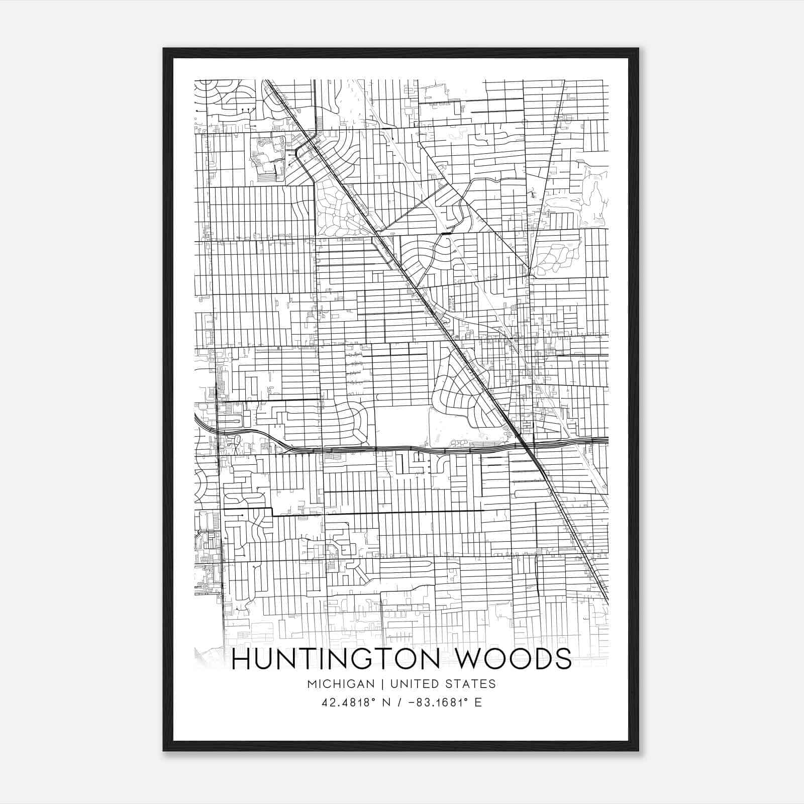 Huntington Woods Michigan Map Poster, Modern Home Decor Wall Art Print
