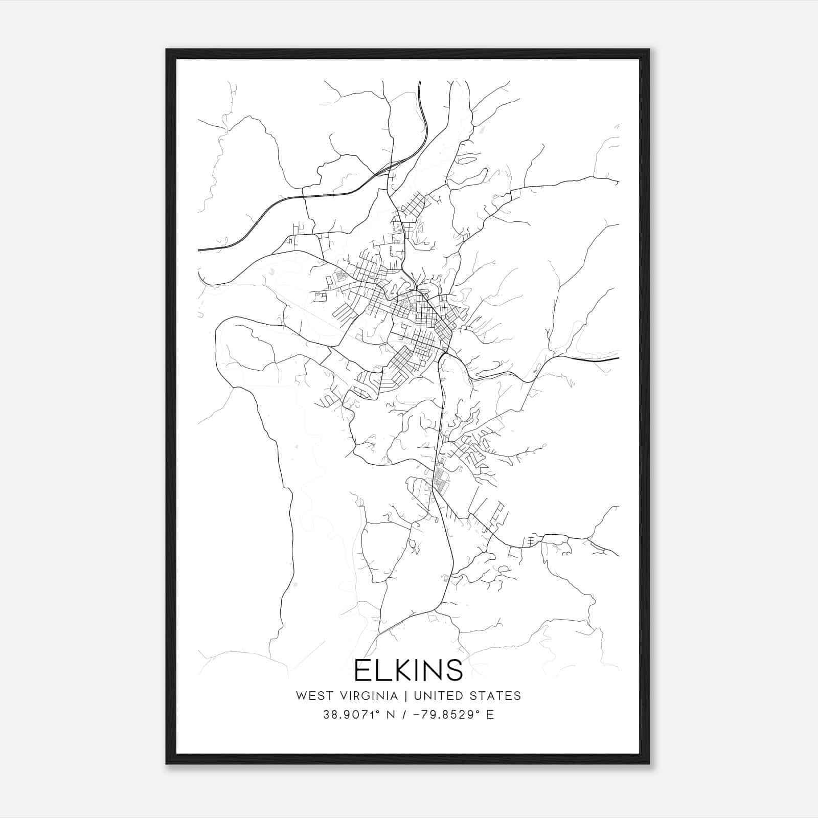 Elkins West Virginia Map Poster, Modern Home Decor Wall Art Print