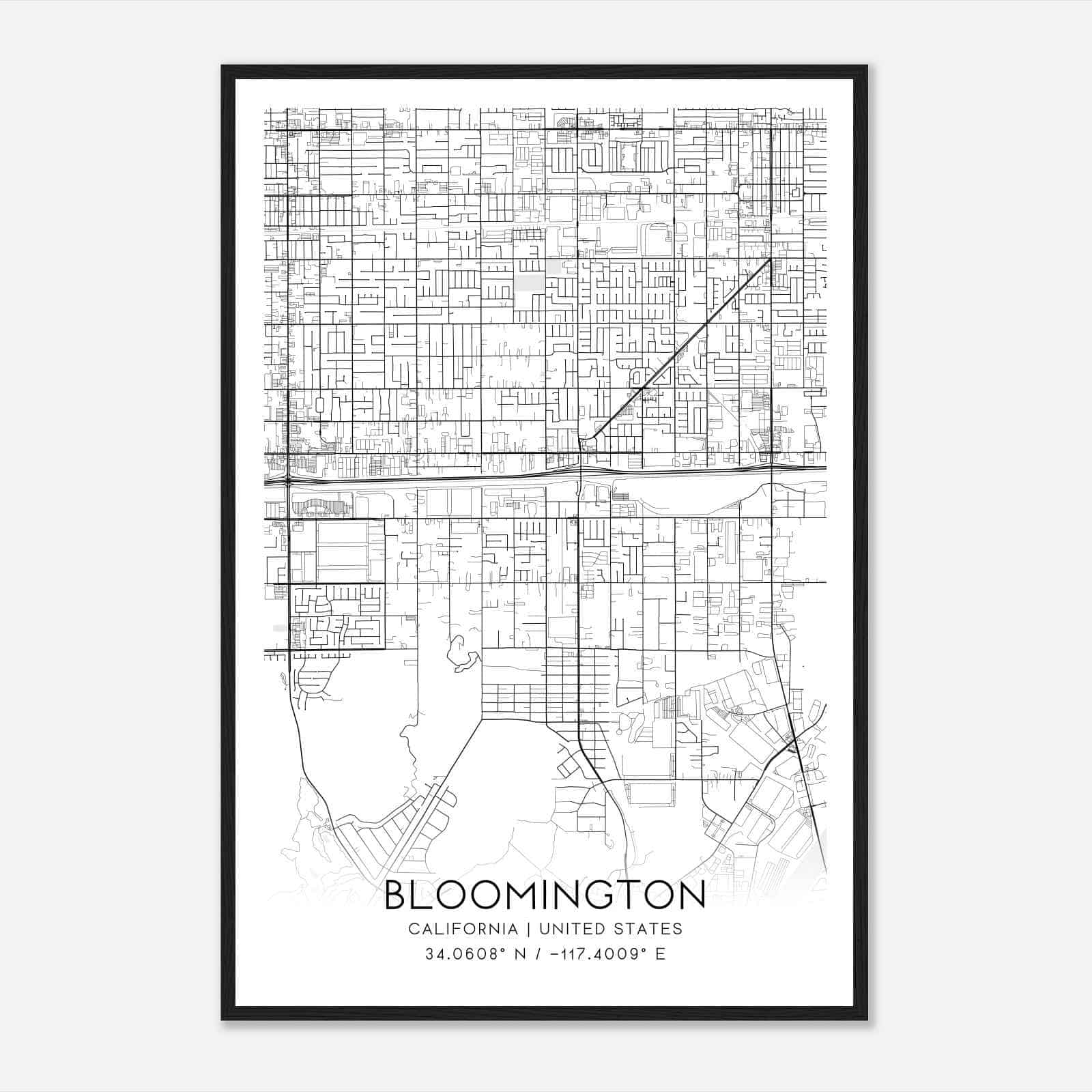 Bloomington California Map Poster, Modern Home Decor Wall Art Print