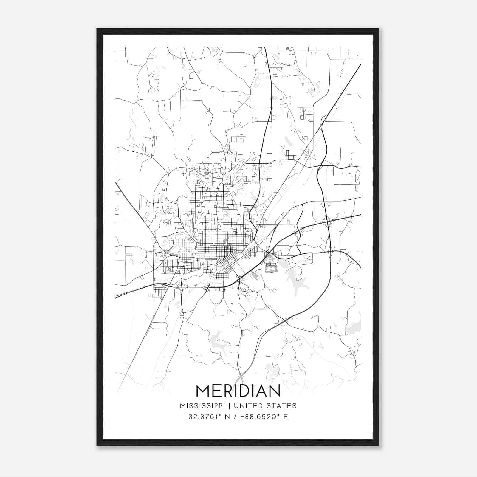 Meridian Mississippi Map Poster, Modern Home Decor Wall Art Print
