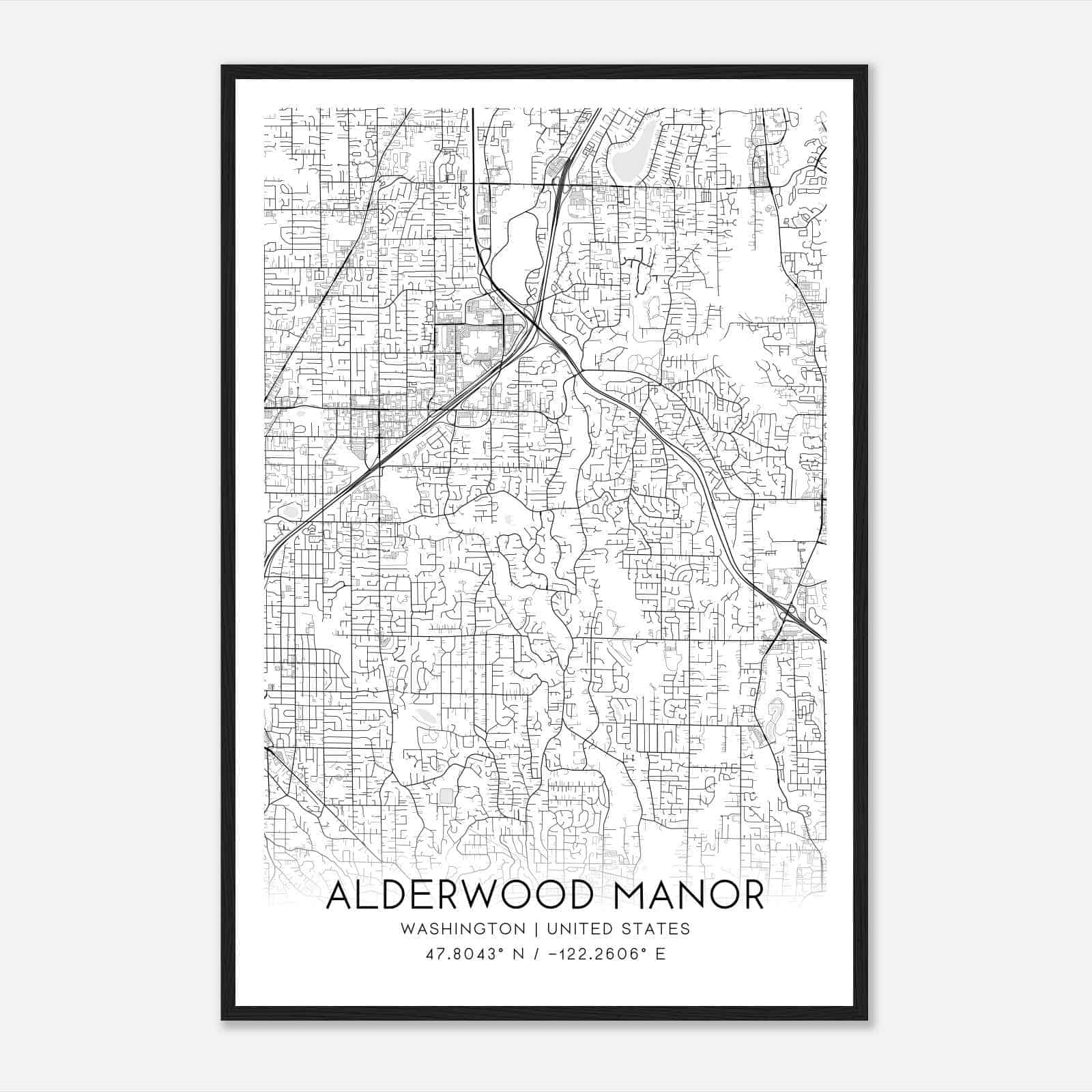 Alderwood Manor Washington Map Poster, Modern Home Decor Wall Art Print