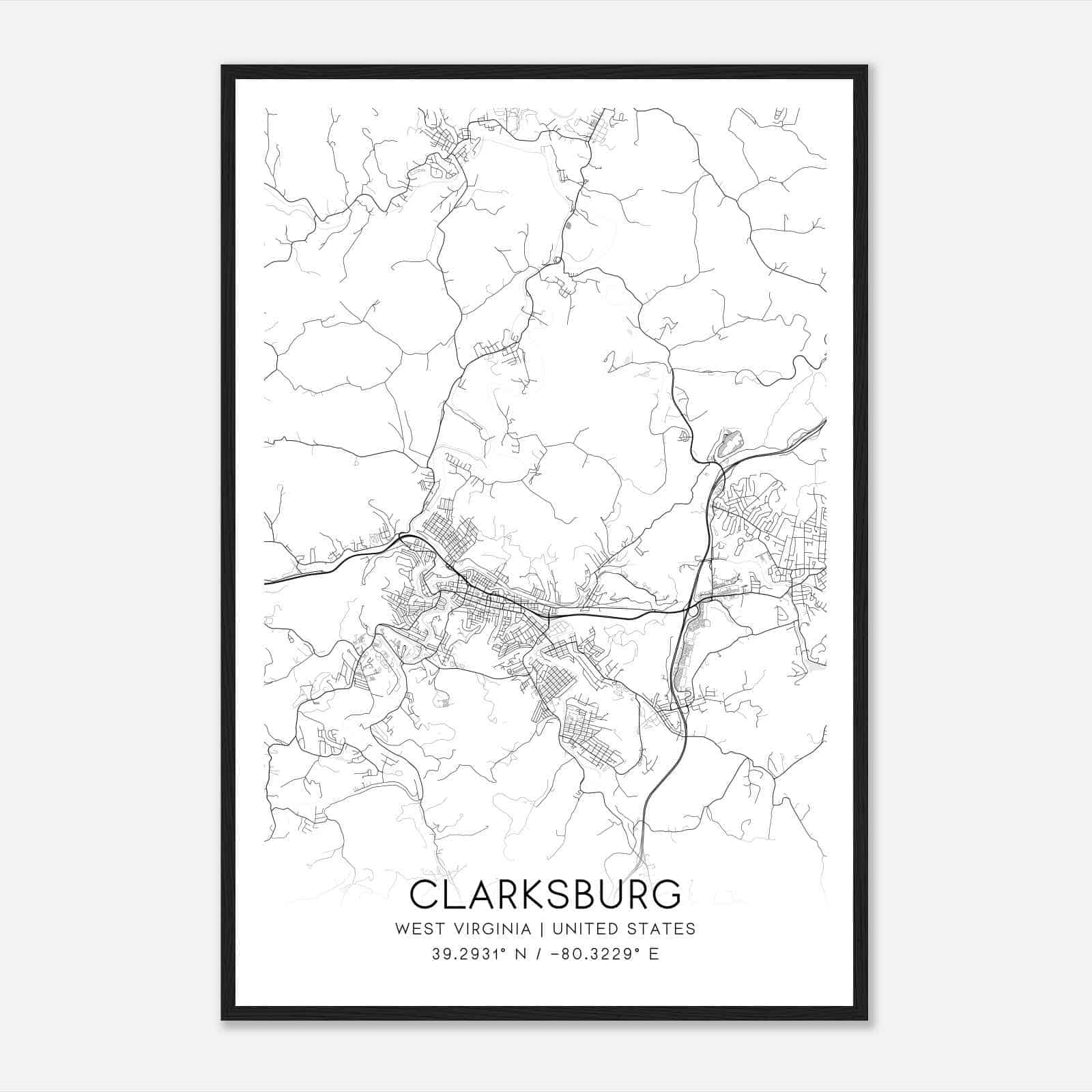 Clarksburg West Virginia Map Poster, Modern Home Decor Wall Art Print