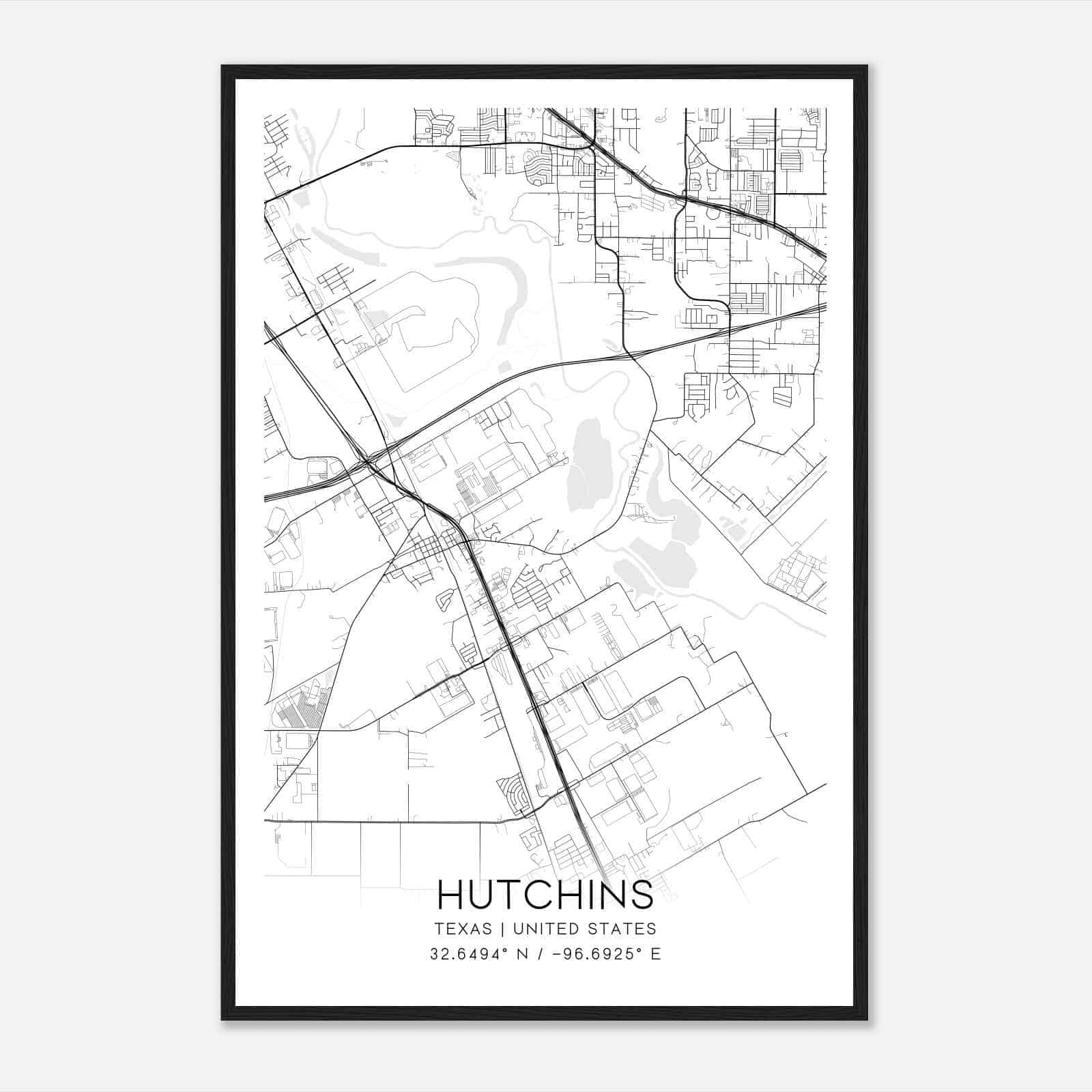Hutchins Texas Map Poster, Modern Home Decor Wall Art Print
