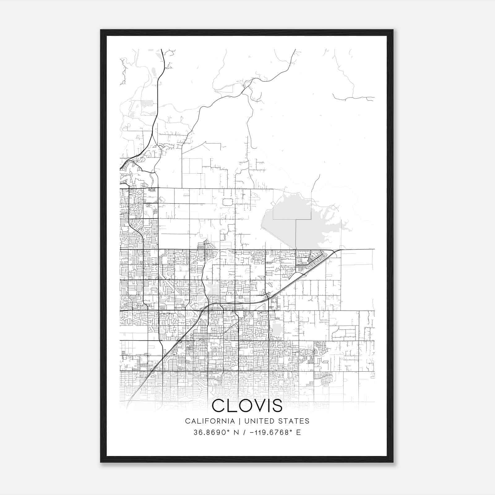 Clovis California Map Poster, Modern Home Decor Wall Art Print