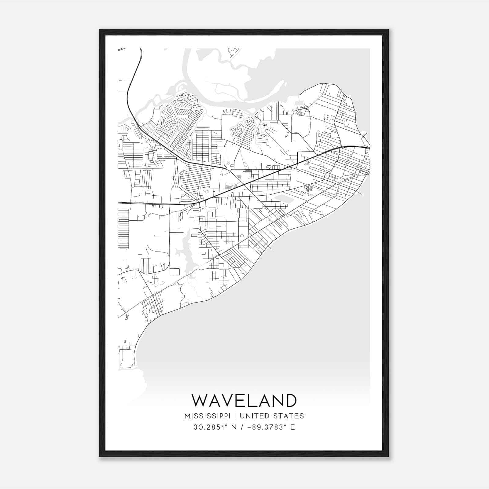 Waveland Mississippi Map Poster, Modern Home Decor Wall Art Print