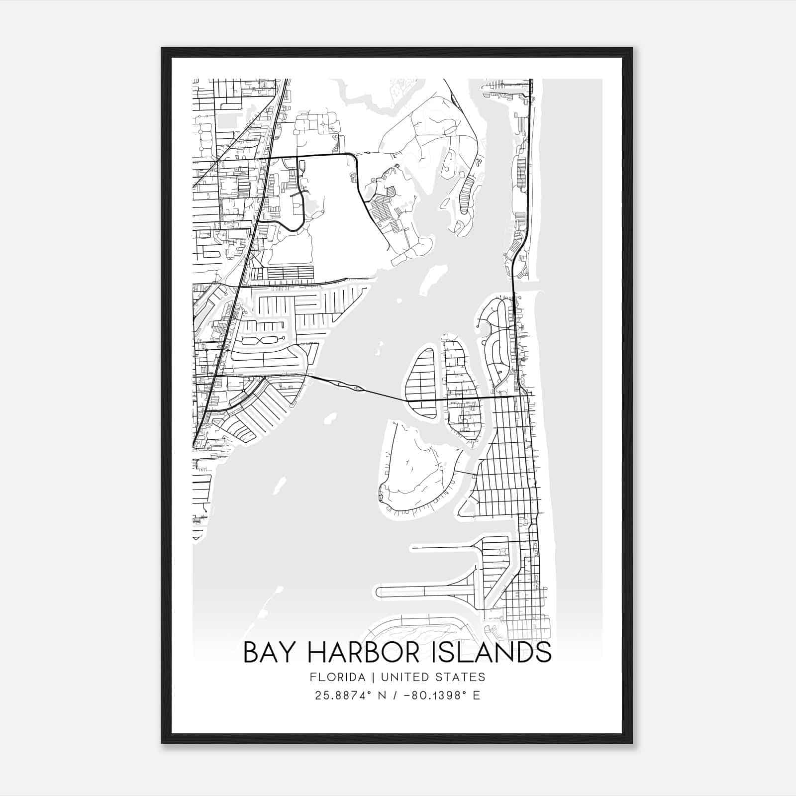 Bay Harbor Islands Florida Map Poster, Modern Home Decor Wall Art Print