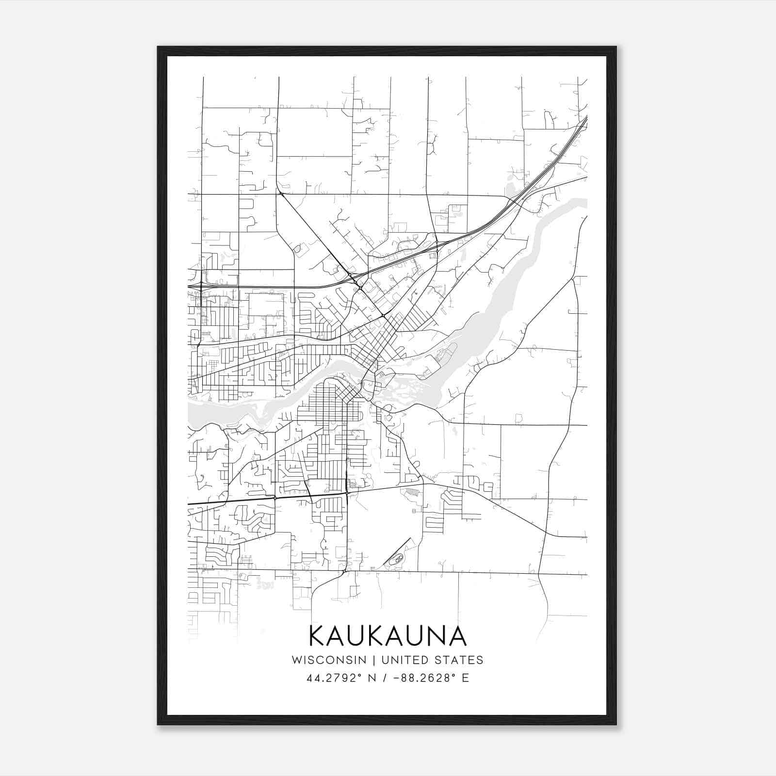 Kaukauna Wisconsin Map Poster, Modern Home Decor Wall Art Print