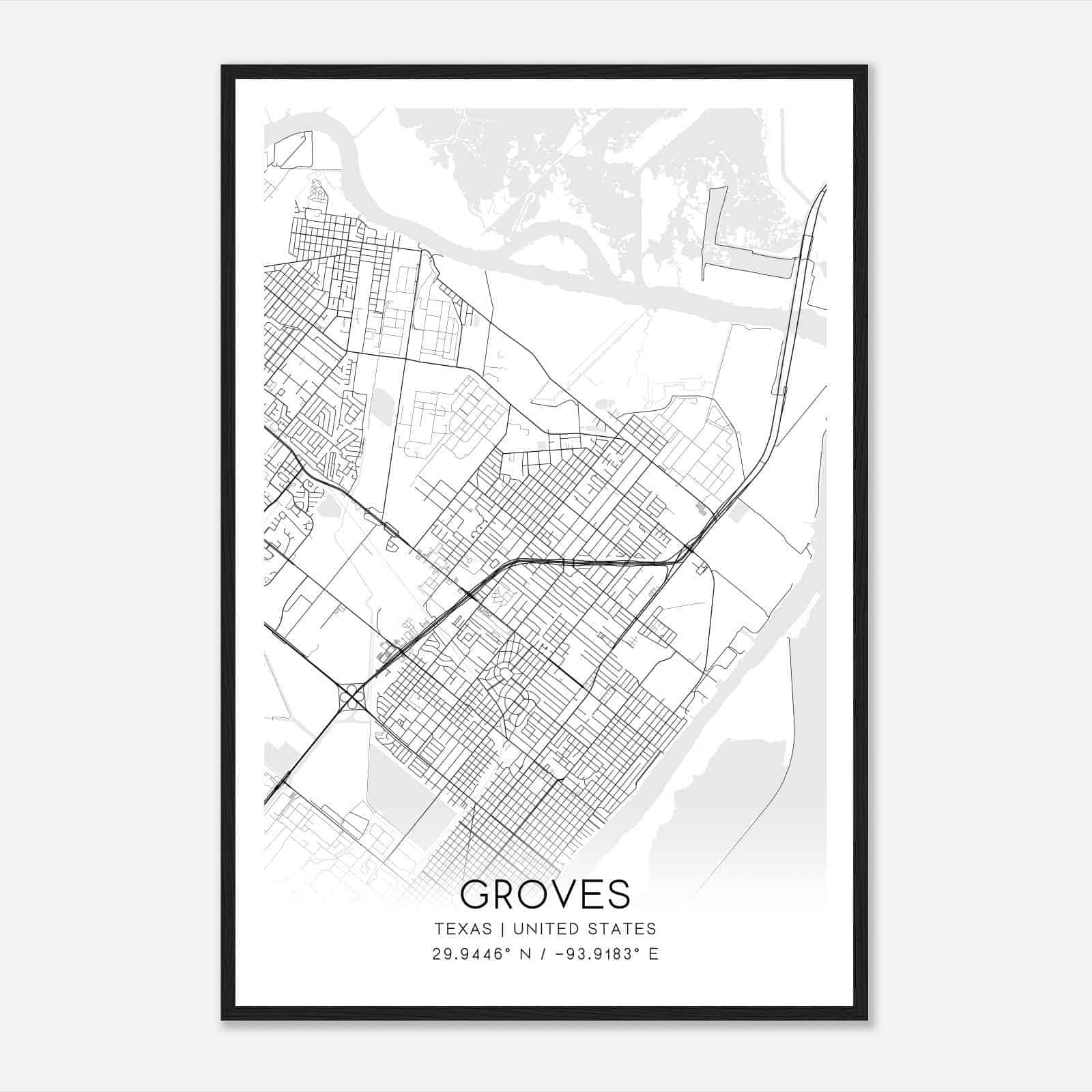 Groves Texas Map Poster, Modern Home Decor Wall Art Print