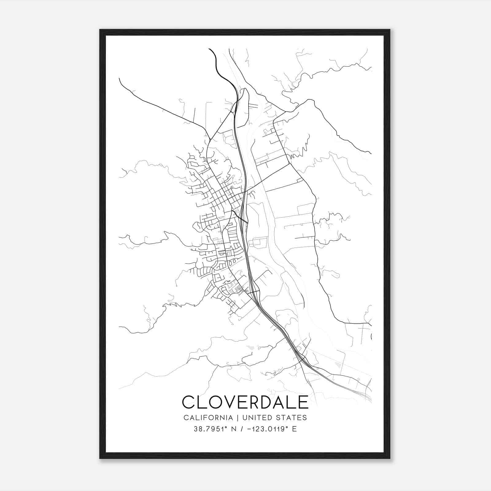 Cloverdale California Map Poster, Modern Home Decor Wall Art Print
