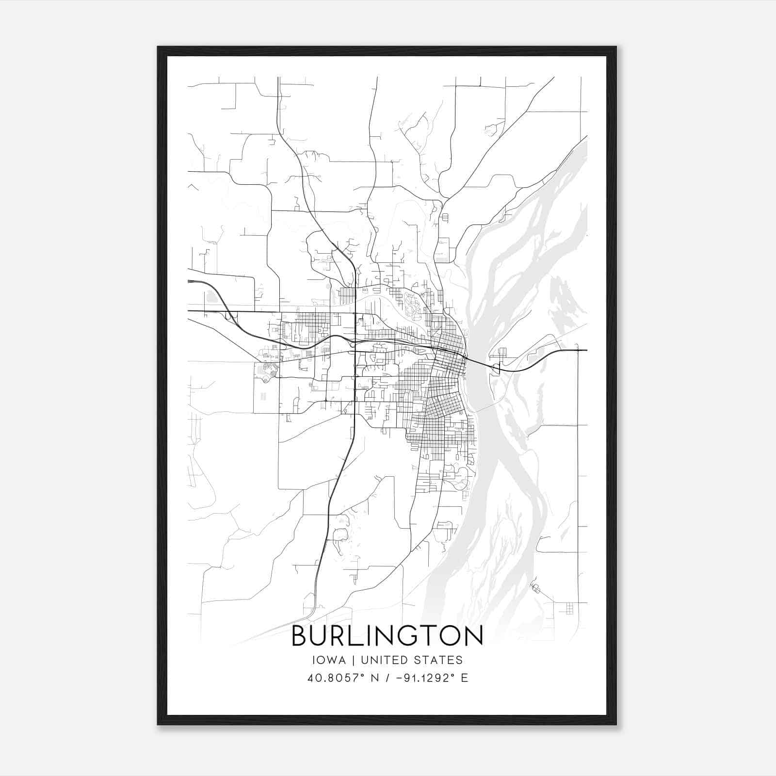 Burlington Iowa Map Poster, Modern Home Decor Wall Art Print