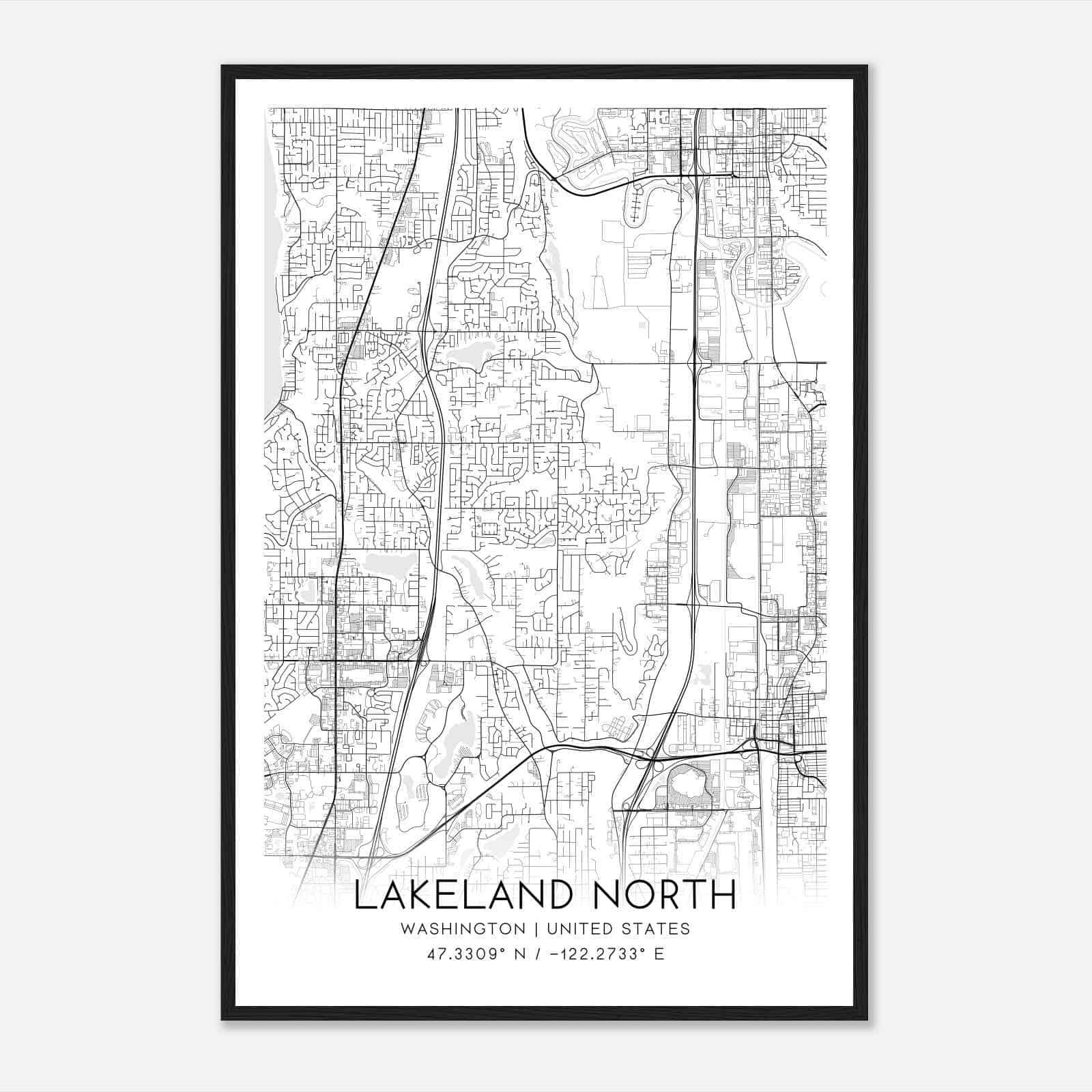 Lakeland North Washington Map Poster, Modern Home Decor Wall Art Print