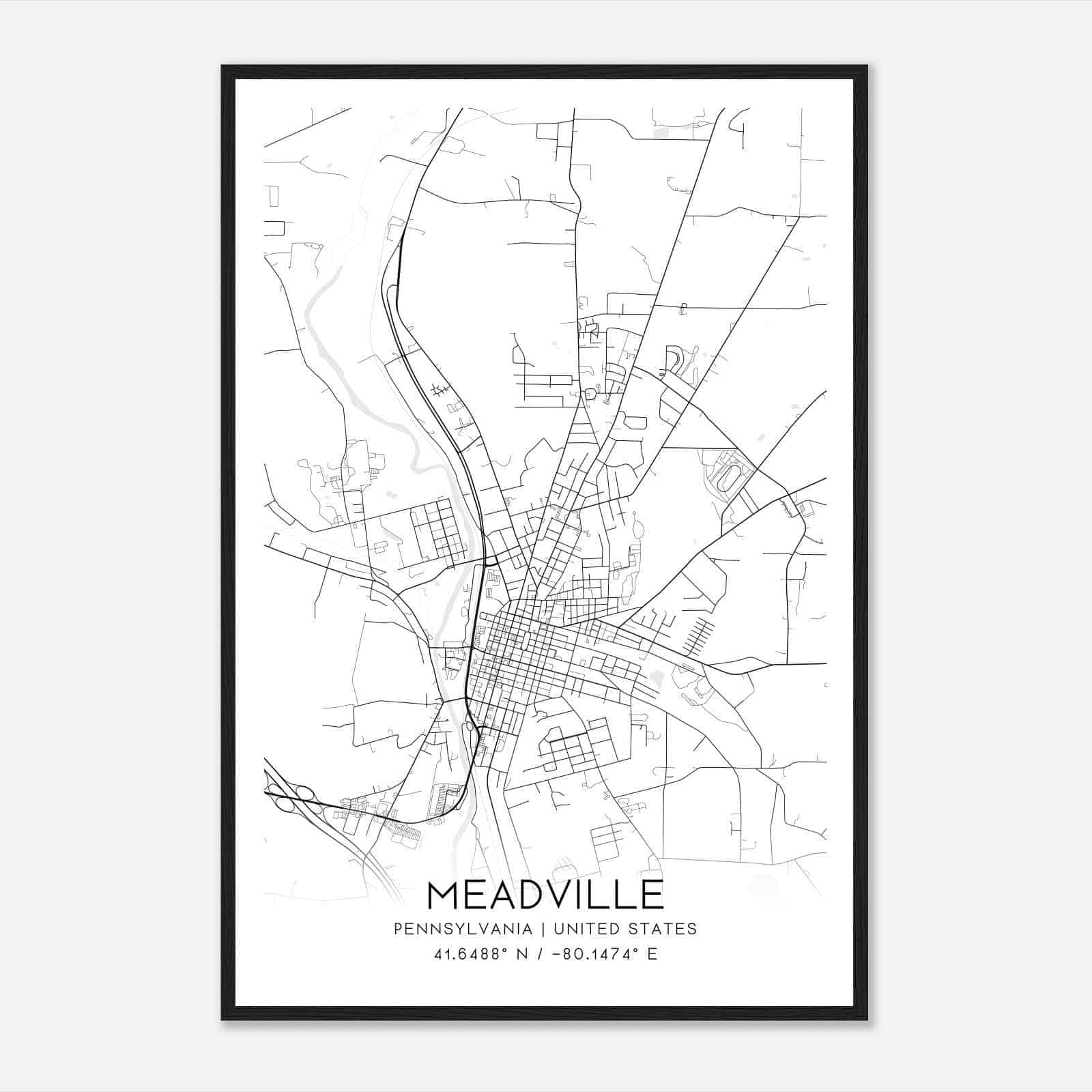 Meadville Pennsylvania Map Poster, Modern Home Decor Wall Art Print