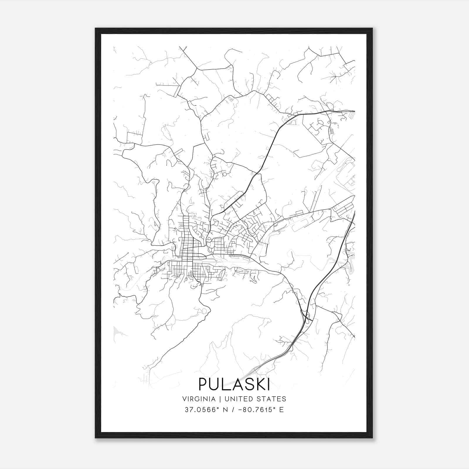 Pulaski Virginia Map Poster, Modern Home Decor Wall Art Print