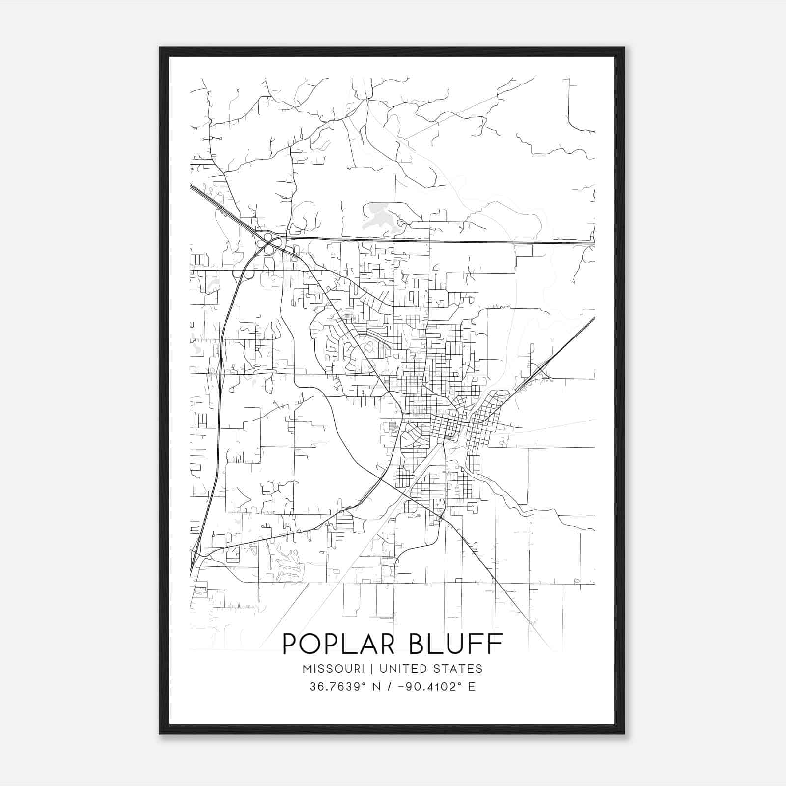 Poplar Bluff Missouri Map Poster, Modern Home Decor Wall Art Print