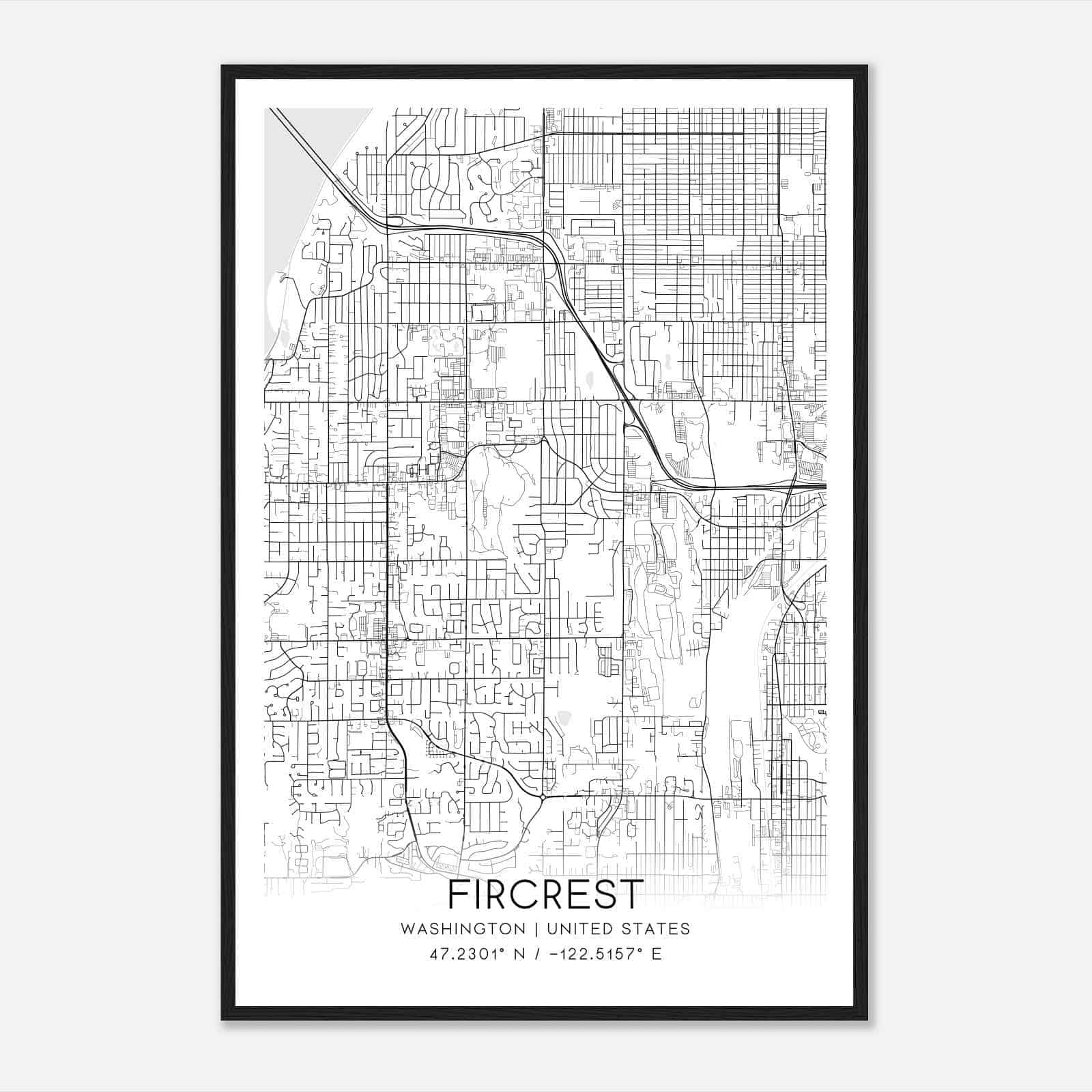 Fircrest Washington Map Poster, Modern Home Decor Wall Art Print