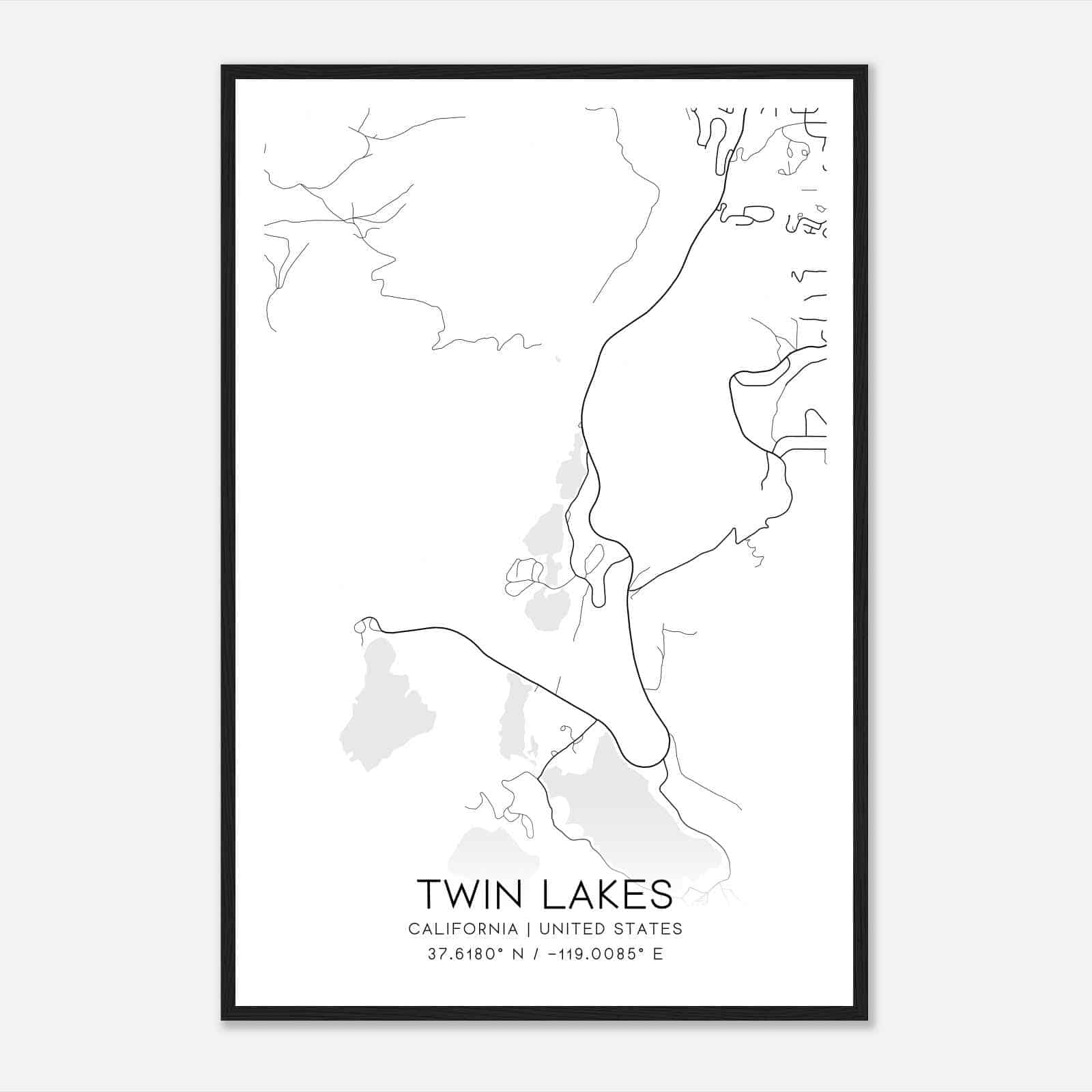 Twin Lakes California Map Poster, Modern Home Decor Wall Art Print