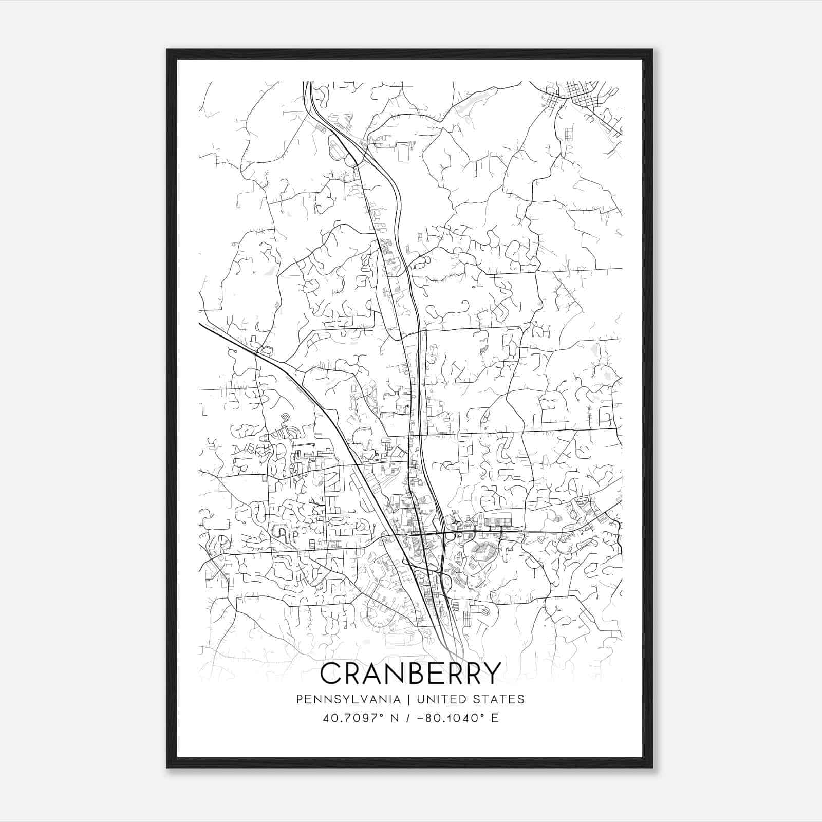 Cranberry Pennsylvania Map Poster, Modern Home Decor Wall Art Print