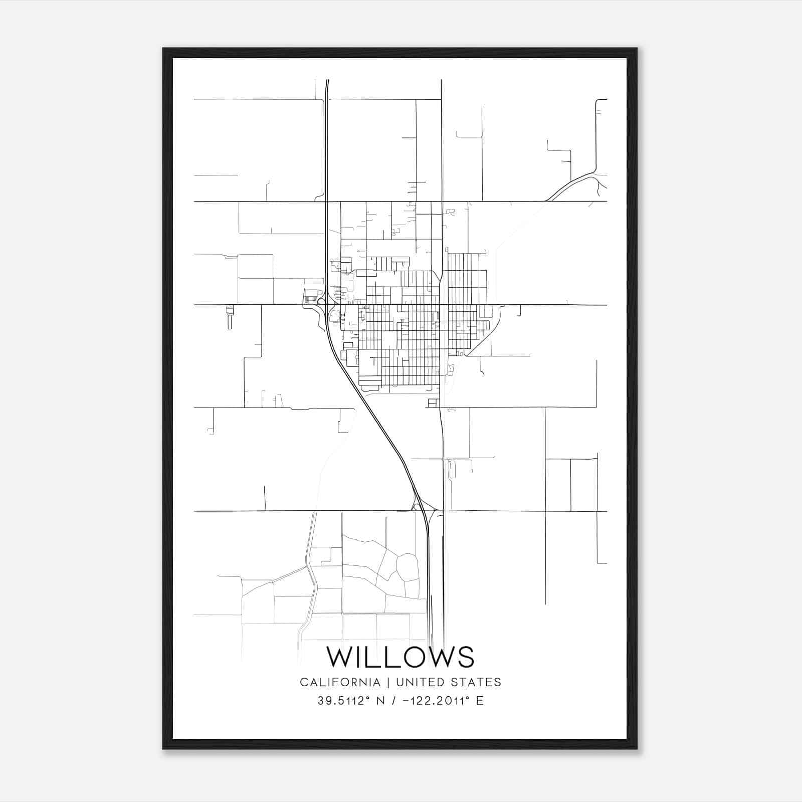 Willows California Map Poster, Modern Home Decor Wall Art Print