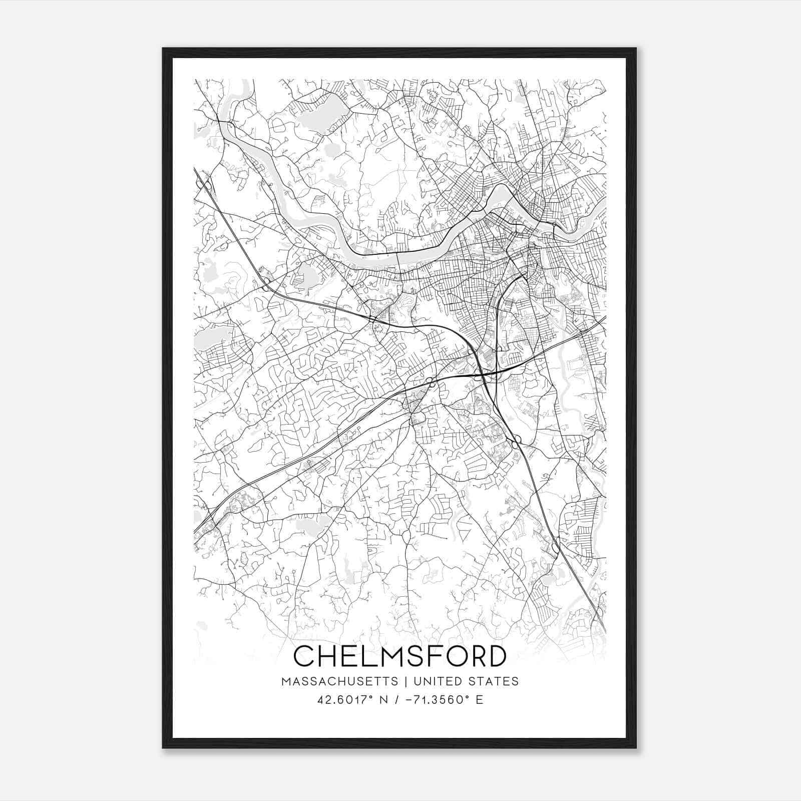 Chelmsford Massachusetts Map Poster, Modern Home Decor Wall Art Print