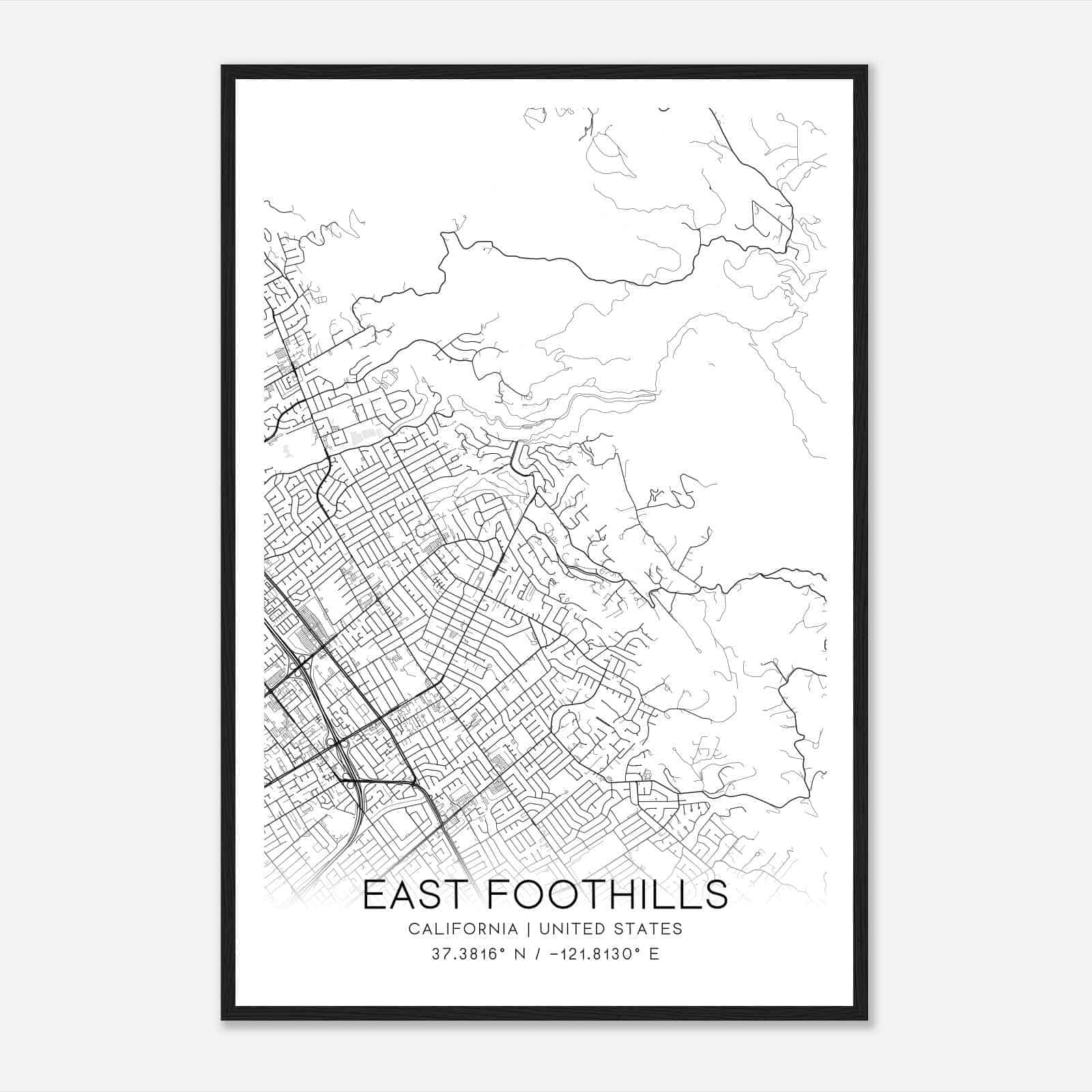 East Foothills California Map Poster, Modern Home Decor Wall Art Print