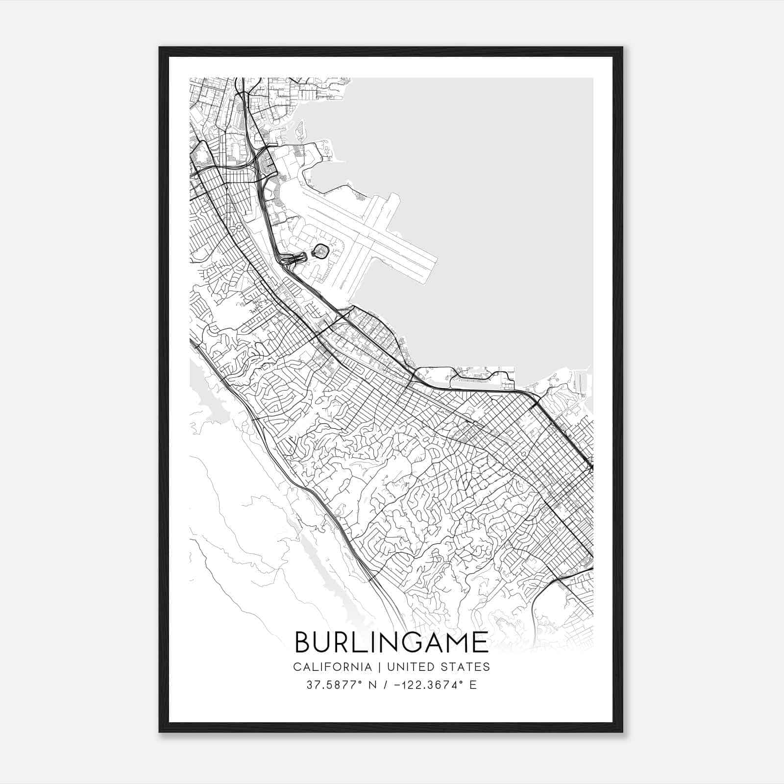 Burlingame California Map Poster, Modern Home Decor Wall Art Print