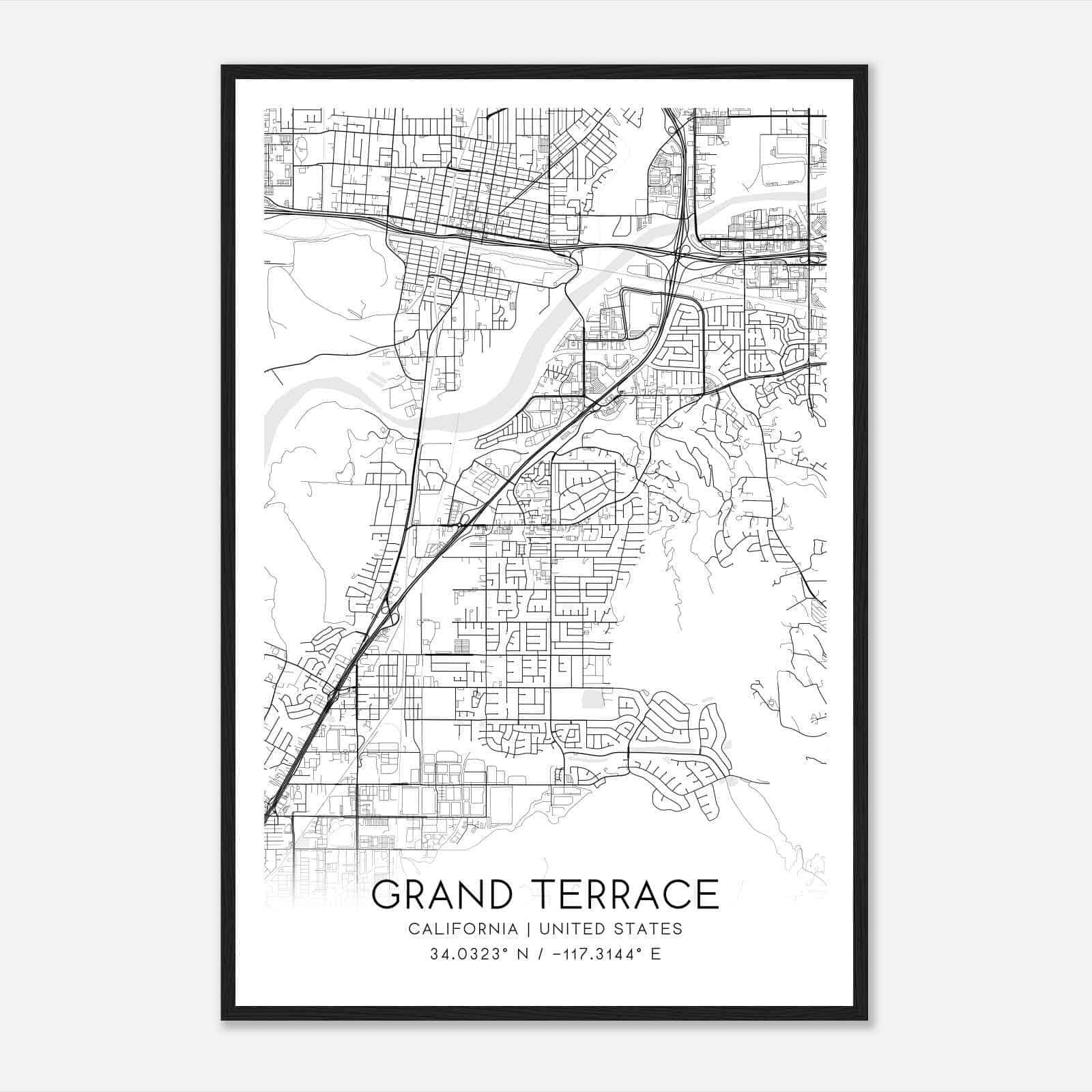 Grand Terrace California Map Poster, Modern Home Decor Wall Art Print
