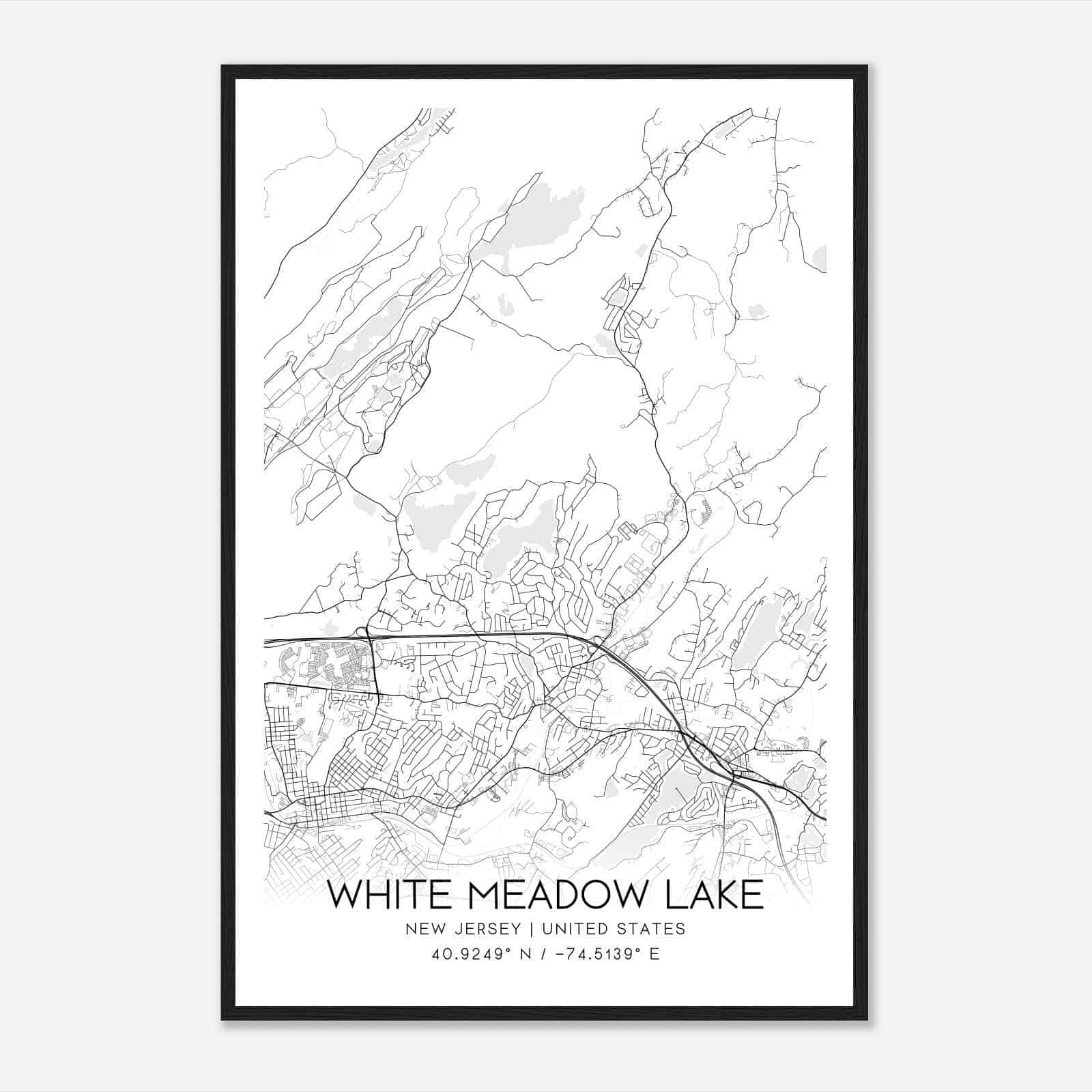 White Meadow Lake New Jersey Map Poster, Modern Home Decor Wall Art Print