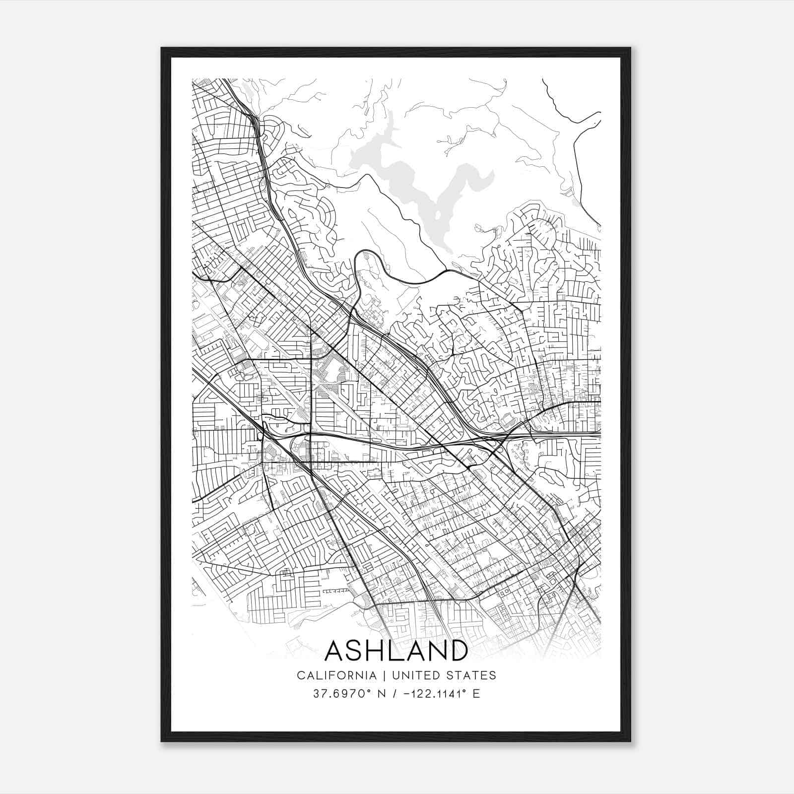 Ashland California Map Poster, Modern Home Decor Wall Art Print