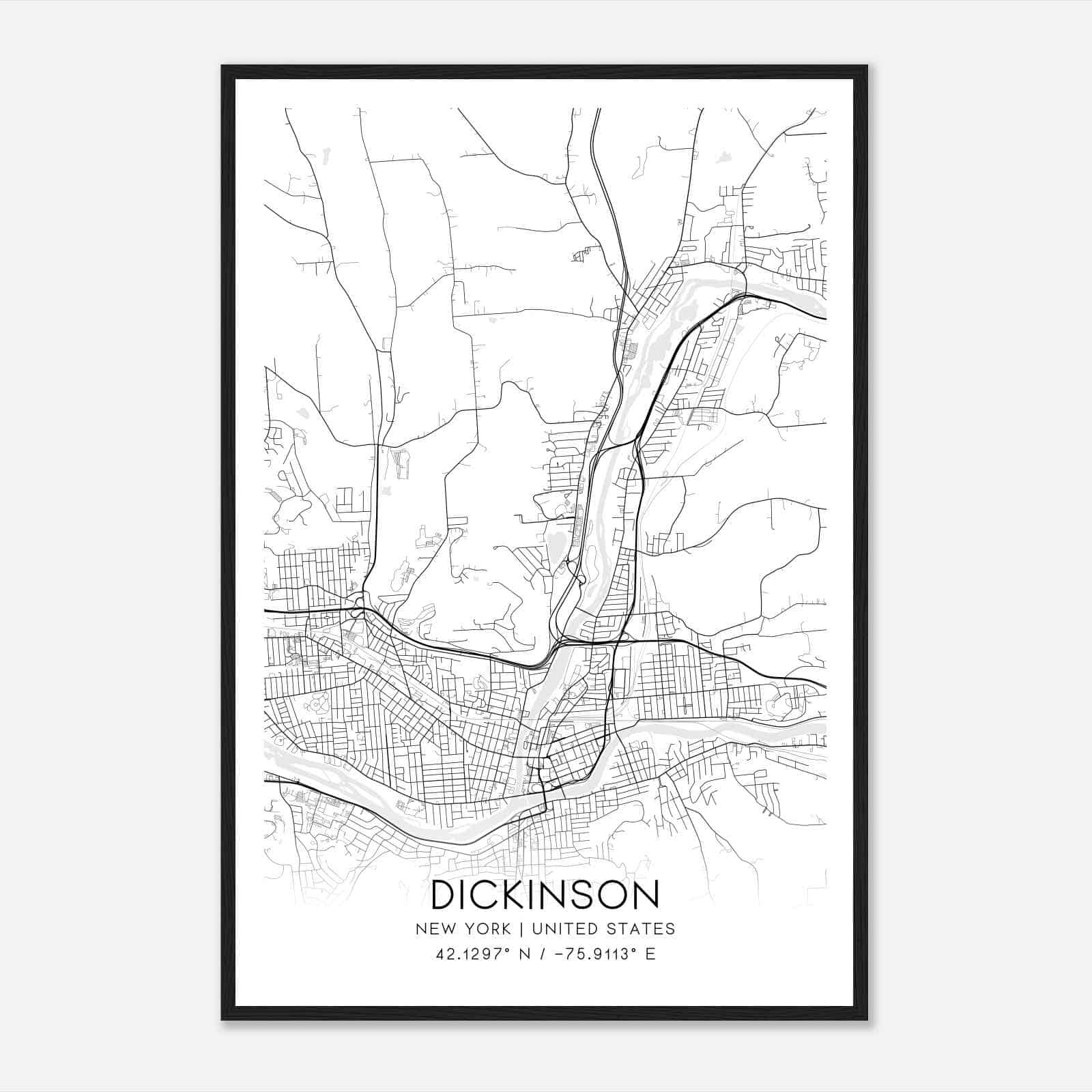 Dickinson New York Map Poster, Modern Home Decor Wall Art Print