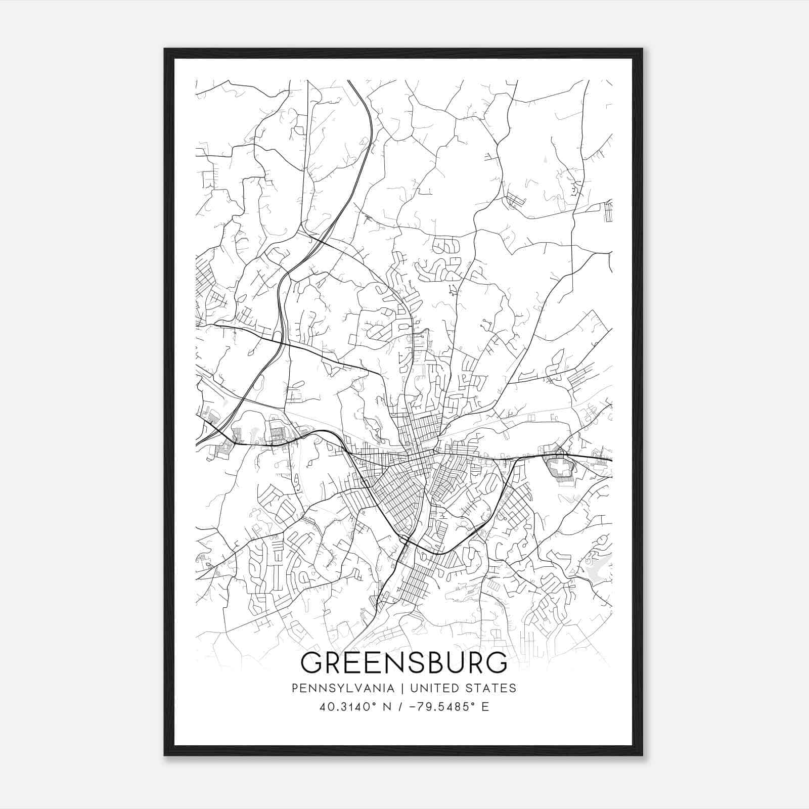 Greensburg Pennsylvania Map Poster, Modern Home Decor Wall Art Print