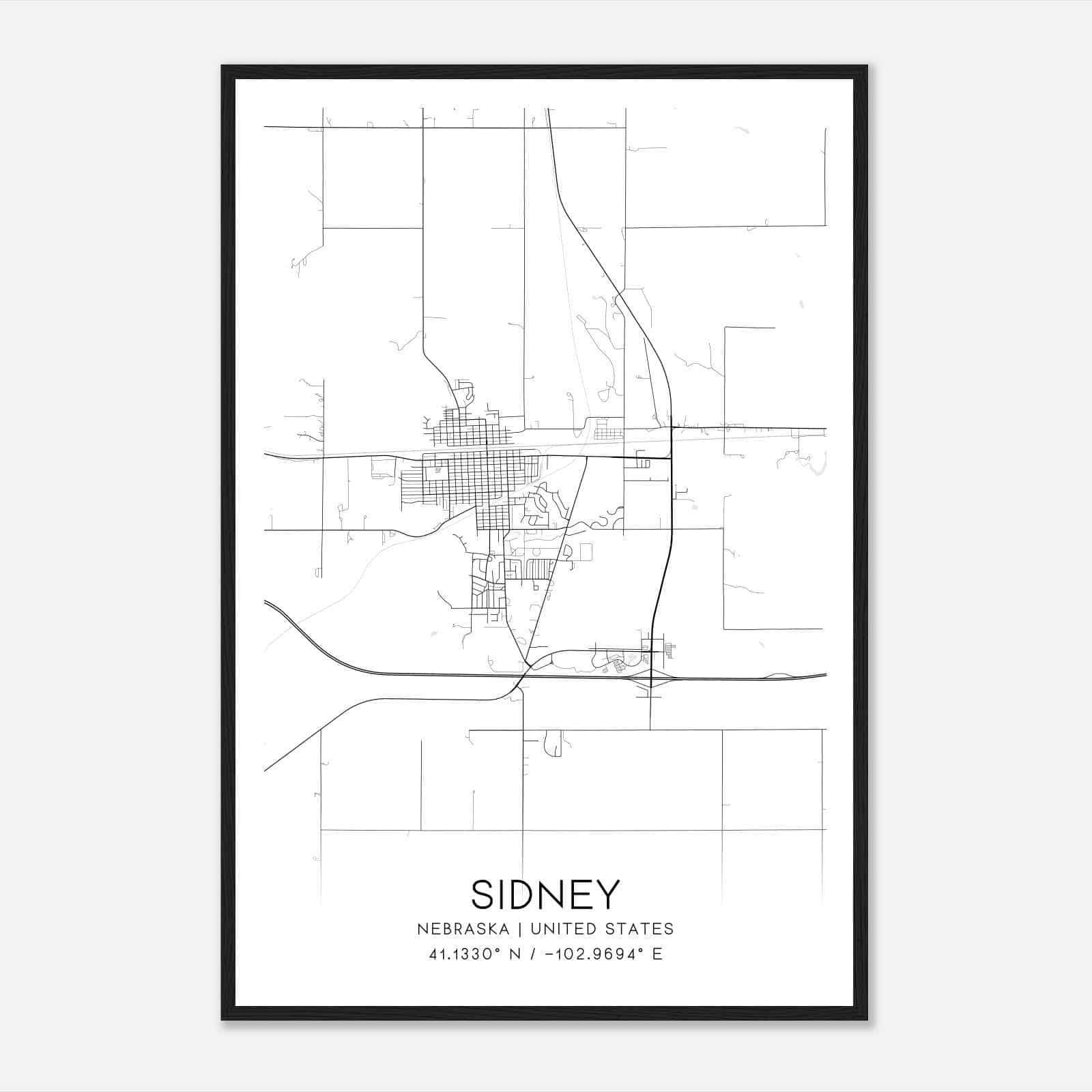 Sidney Nebraska Map Poster, Modern Home Decor Wall Art Print