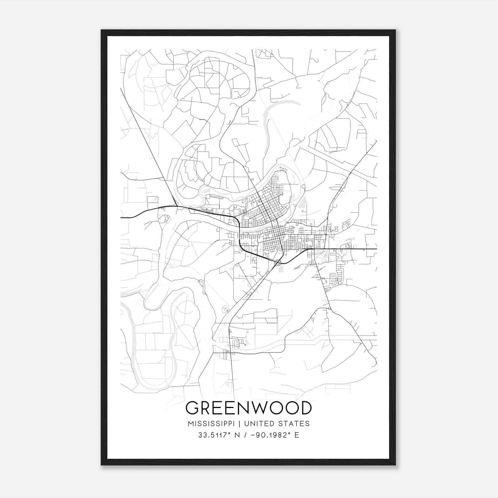 Greenwood Mississippi Map Poster, Modern Home Decor Wall Art Print