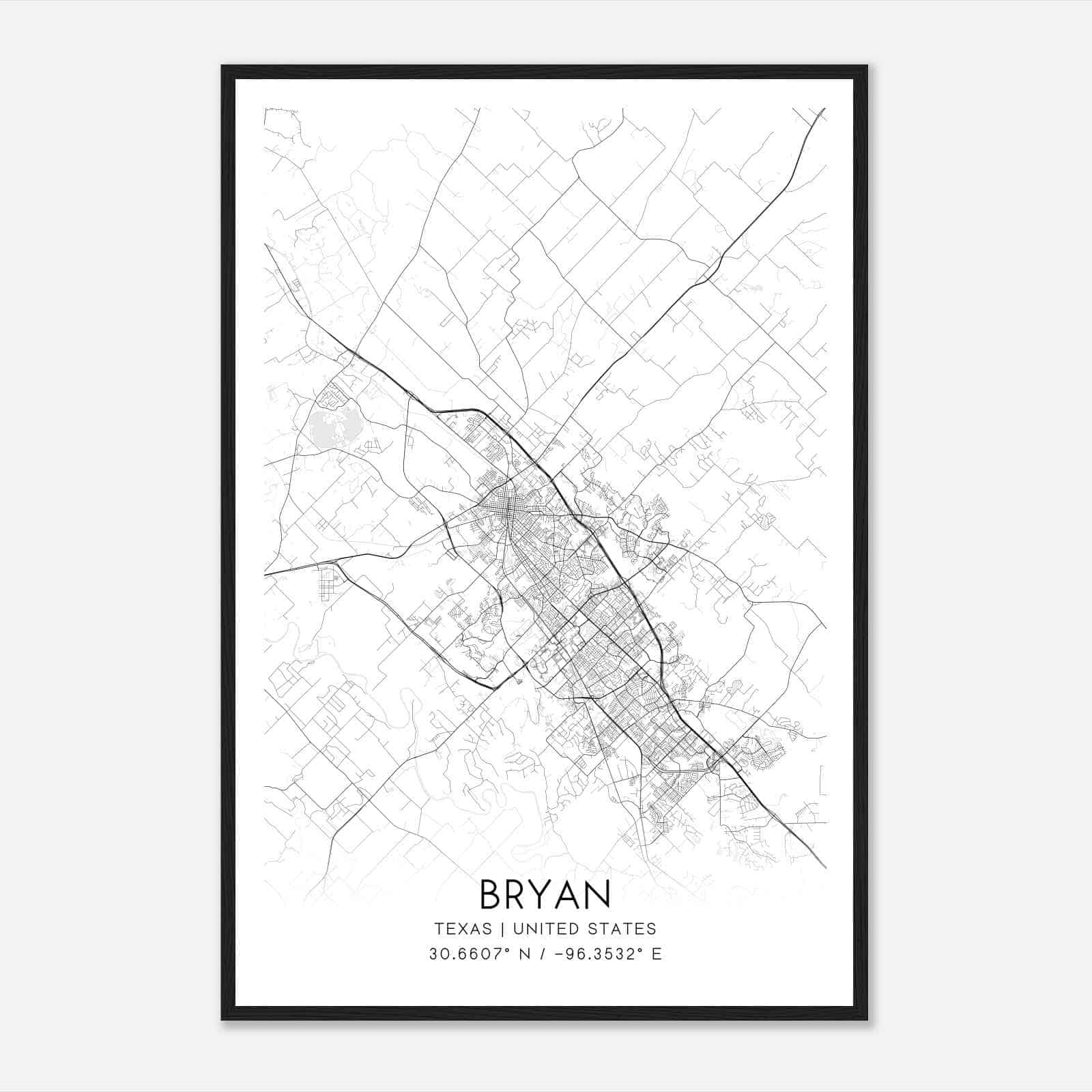 Bryan Texas Map Poster, Modern Home Decor Wall Art Print
