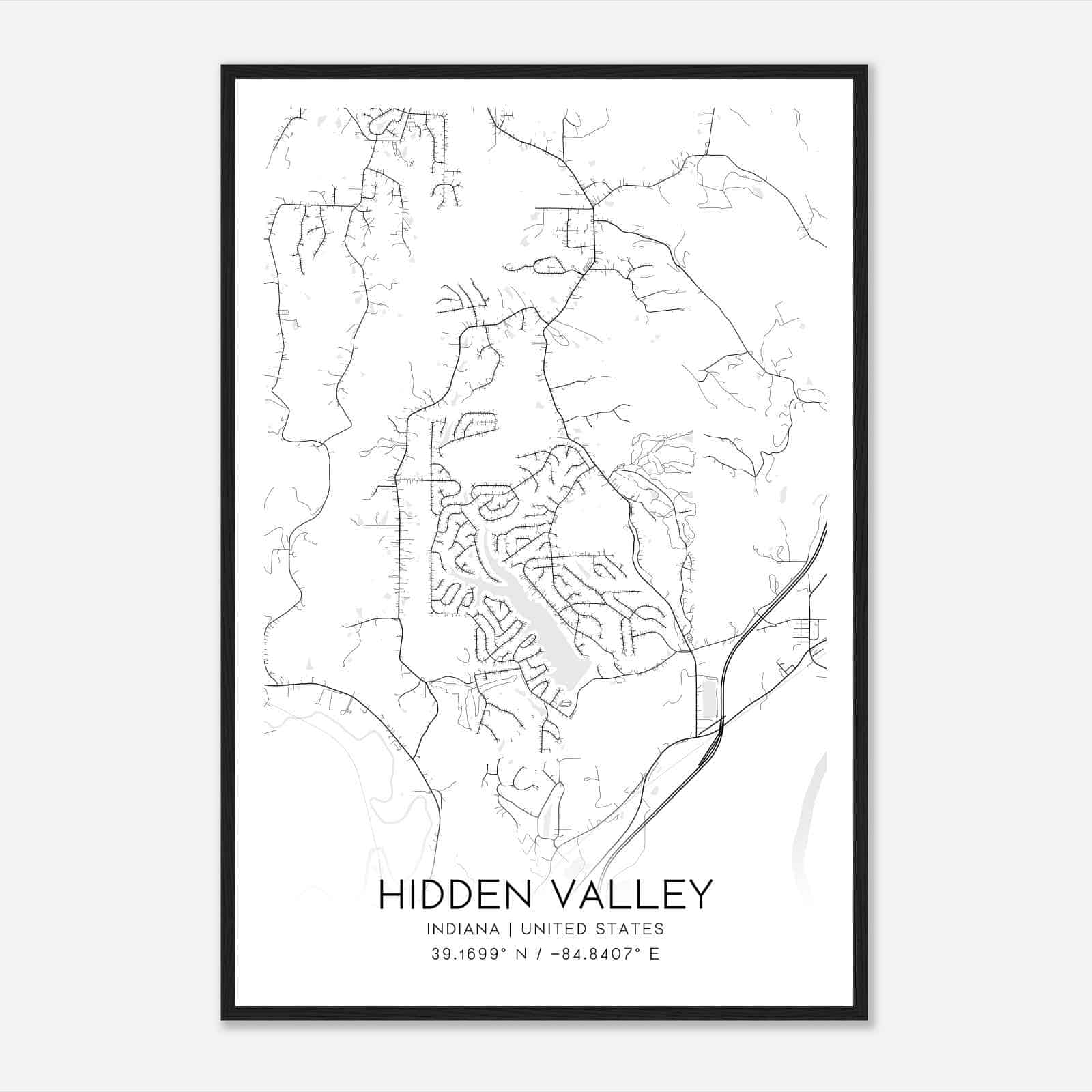 Hidden Valley Indiana Map Poster, Modern Home Decor Wall Art Print