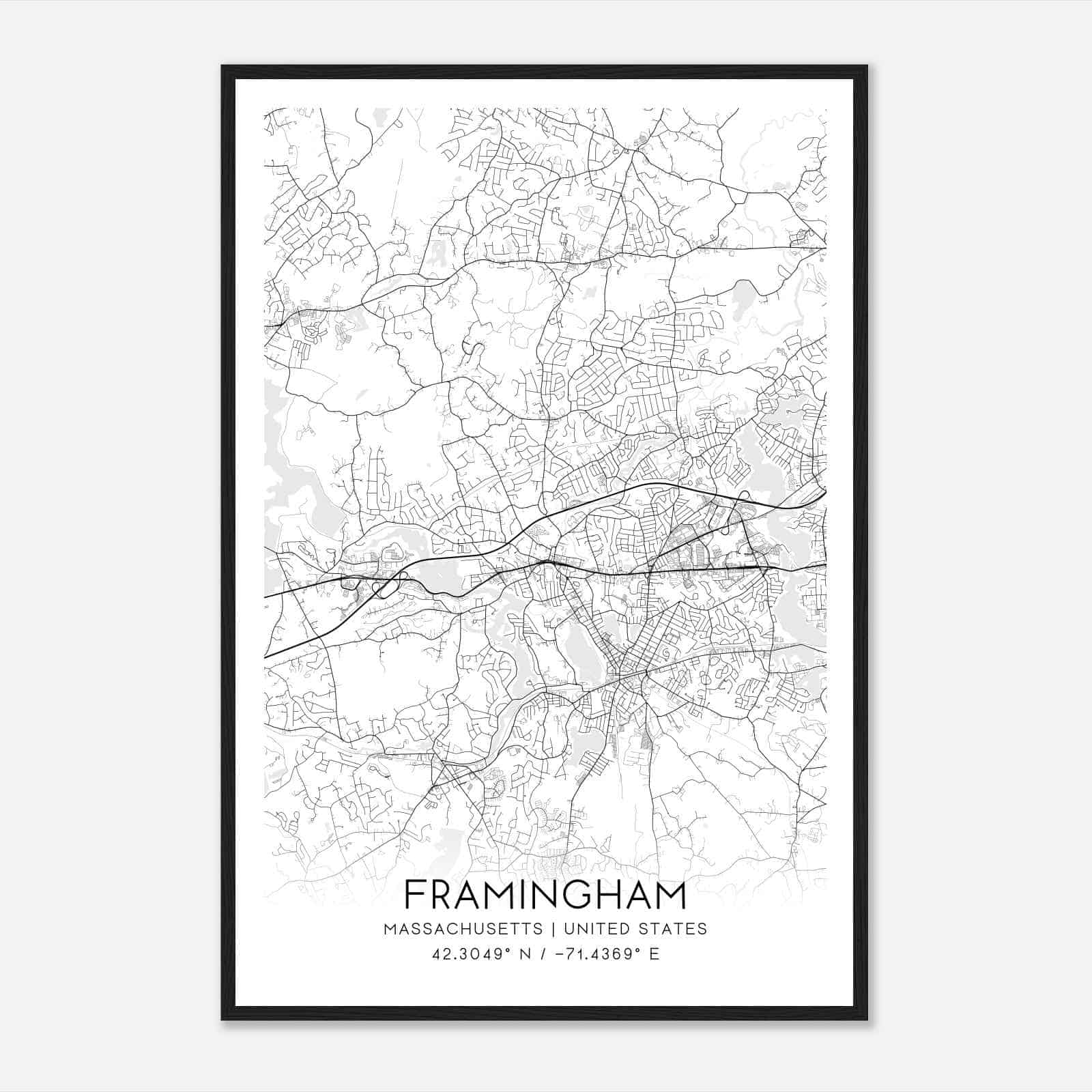 Framingham Massachusetts Map Poster, Modern Home Decor Wall Art Print
