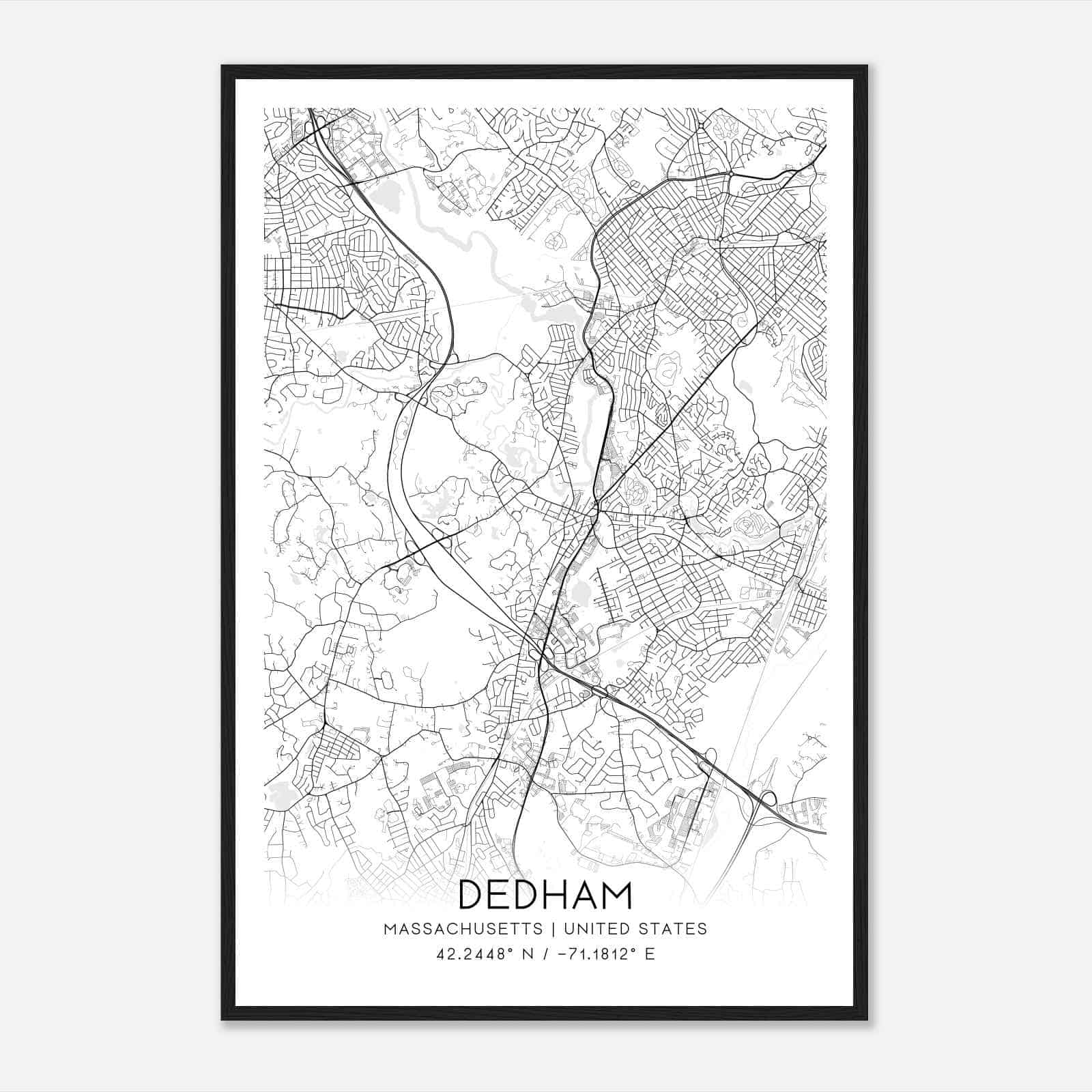 Dedham Massachusetts Map Poster, Modern Home Decor Wall Art Print