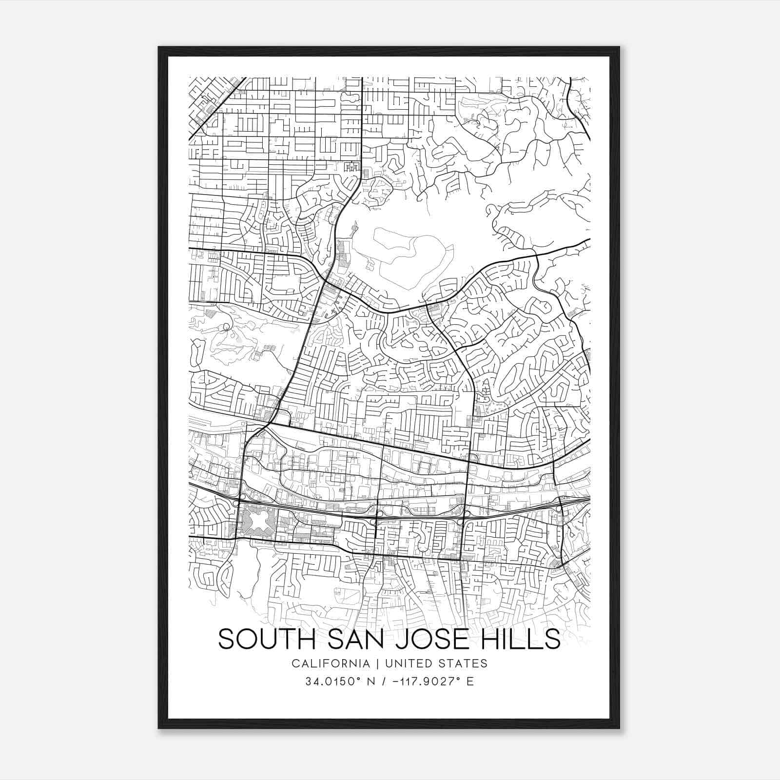 South San Jose Hills California Map Poster, Modern Home Decor Wall Art Print