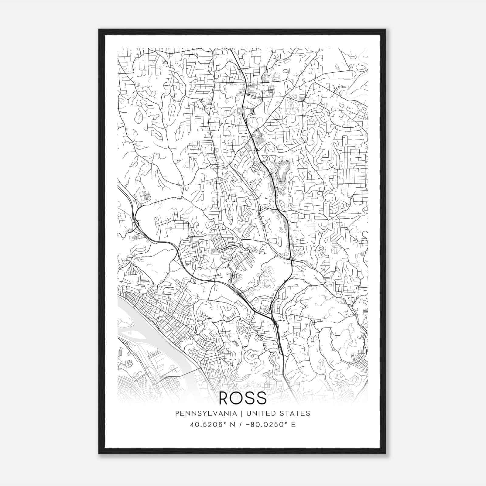 Ross Pennsylvania Map Poster, Modern Home Decor Wall Art Print